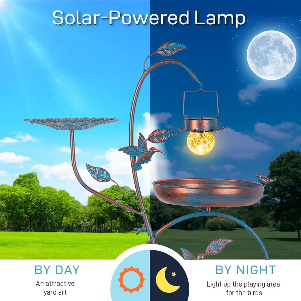 dreamysoul Metal Bird Bath for Outside, Birdbaths Outdoors with Planter and Feeder, Garden Blue Bird Baths with Solar Lights