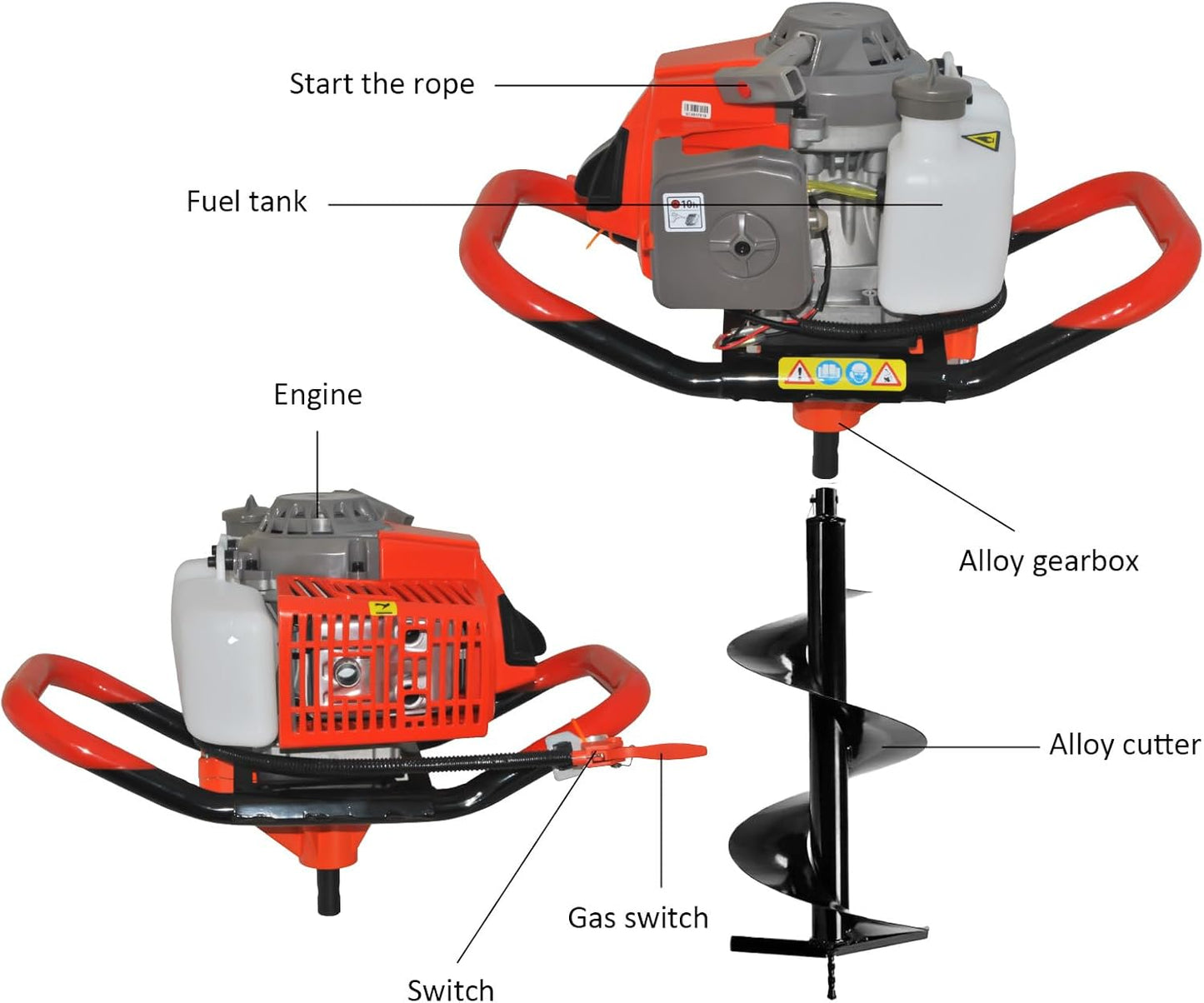 72cc 4HP Post Hole Digger Gas Powered, Gas Earth Auger/Ice Auger, with 3 Drill Bits 4"/8"/12" + 2 Extension Bar, One Man Earth Auger for Planting Fence, EPA Compliant Post Hole Auger