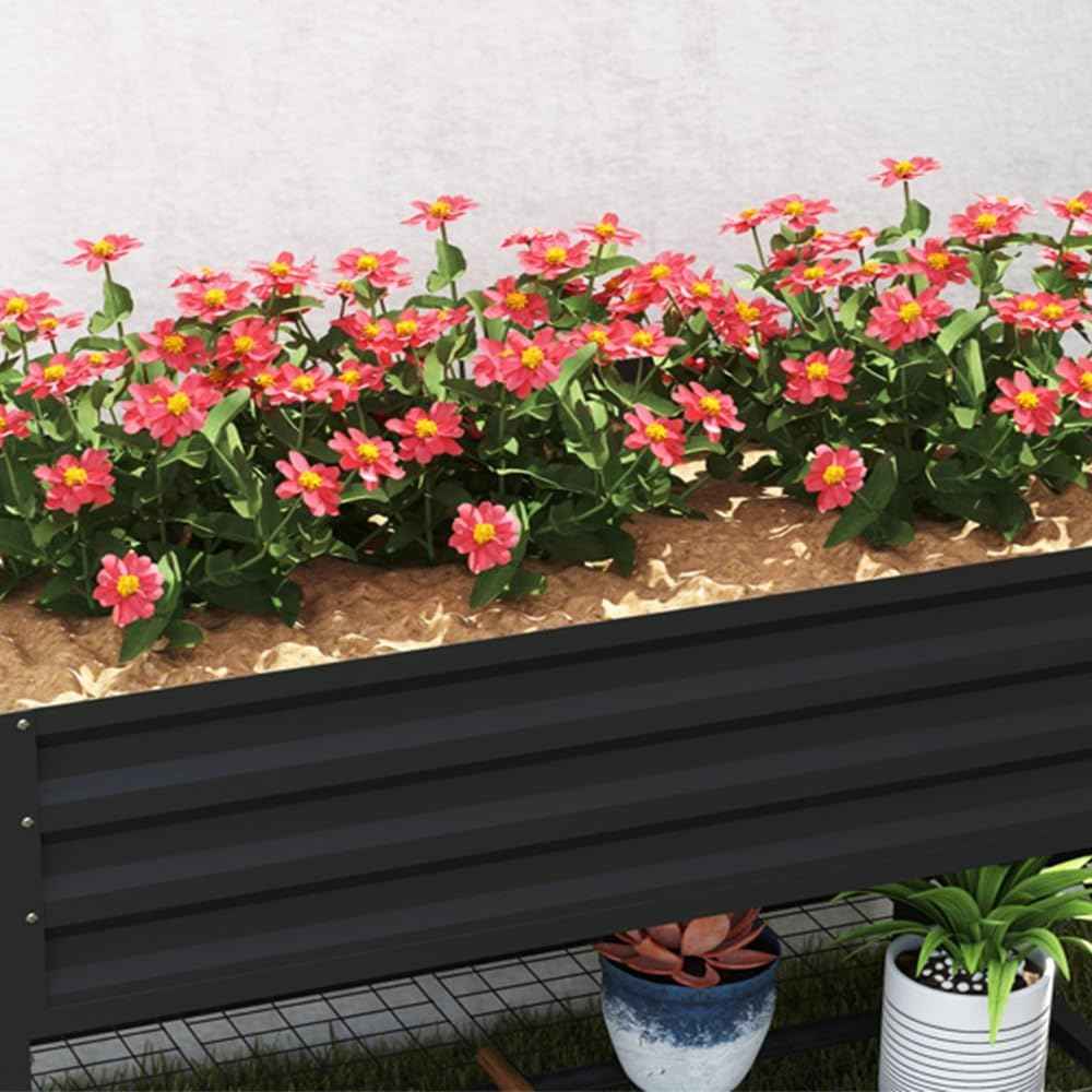 Elevated Metal Raised Planter with Shelf, 41" Galvanized Steel Garden Bed, Ergonomic Height for Outdoor Gardening, Balcony(Dark Gray)