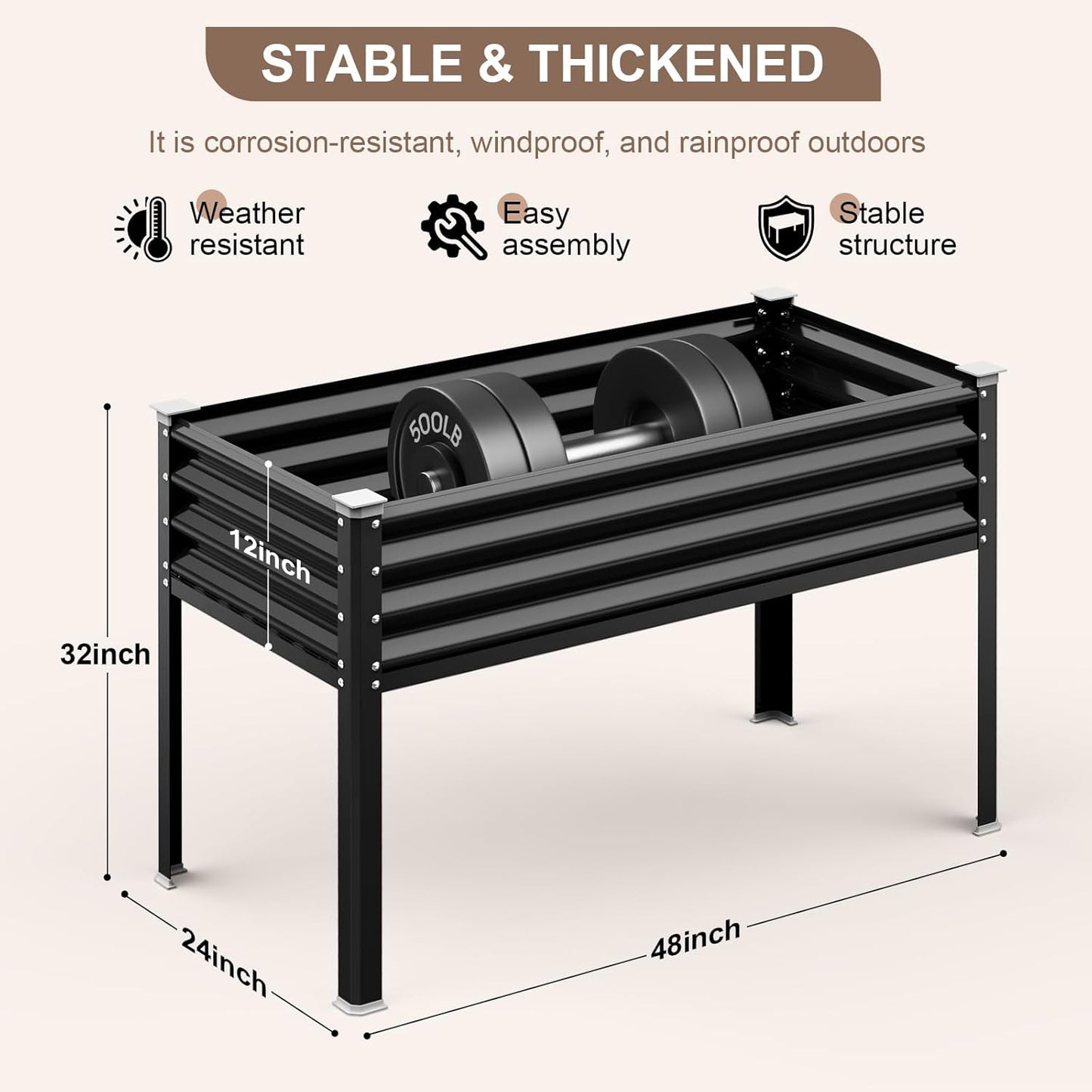 Raised Garden Bed with Legs, 48×24×32in Galvanized Raised Garden Beds Outdoor Elevated Metal Planter Box for Gardening Vegetables Flowers Herb-Black