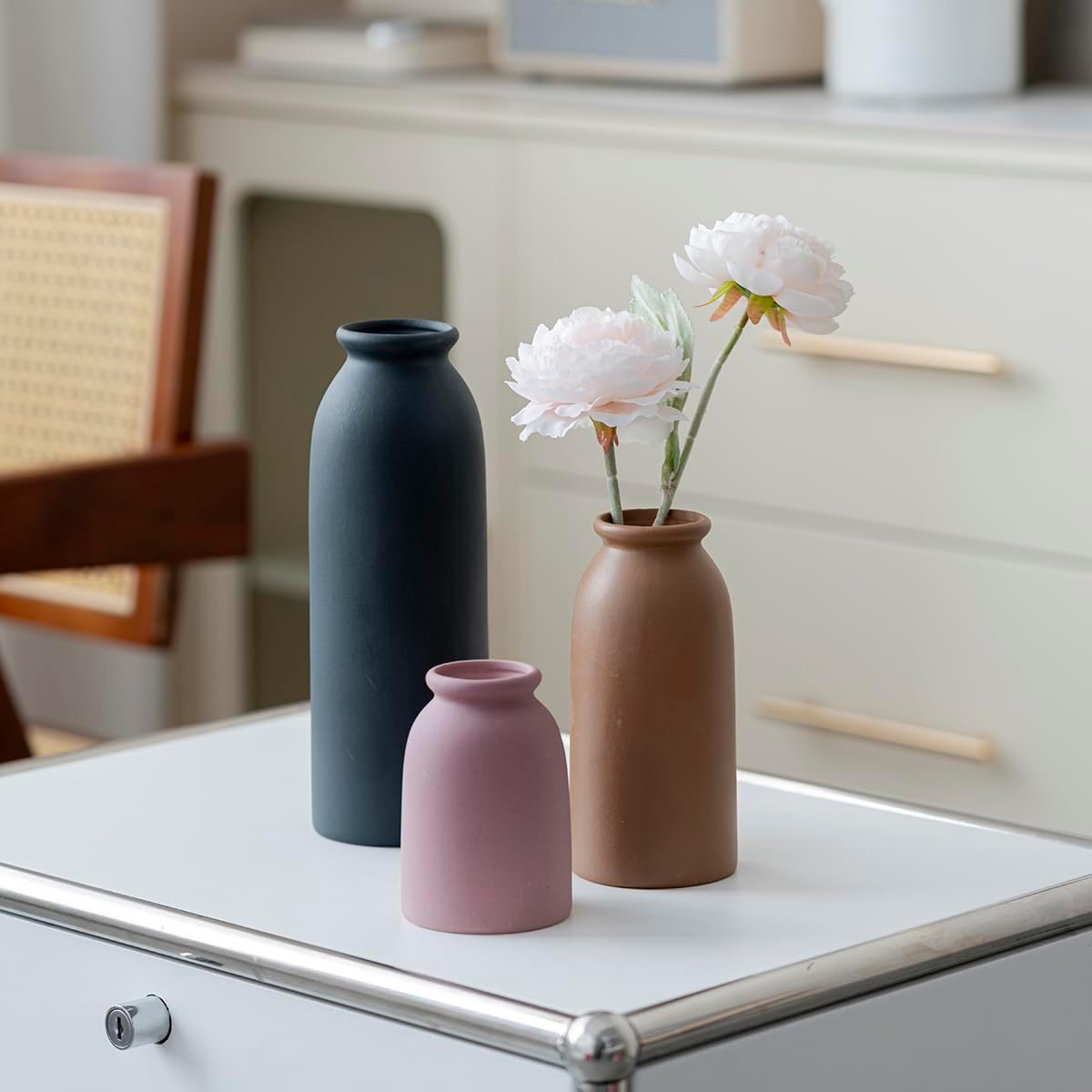 Ceramic Vase Set-3, Small Flower Vases for Decor, Modern Boho Farmhouse Style, Decorative Vases for Pampas Grass & Dried Flowers, Distressed Finish (Light Coffee)