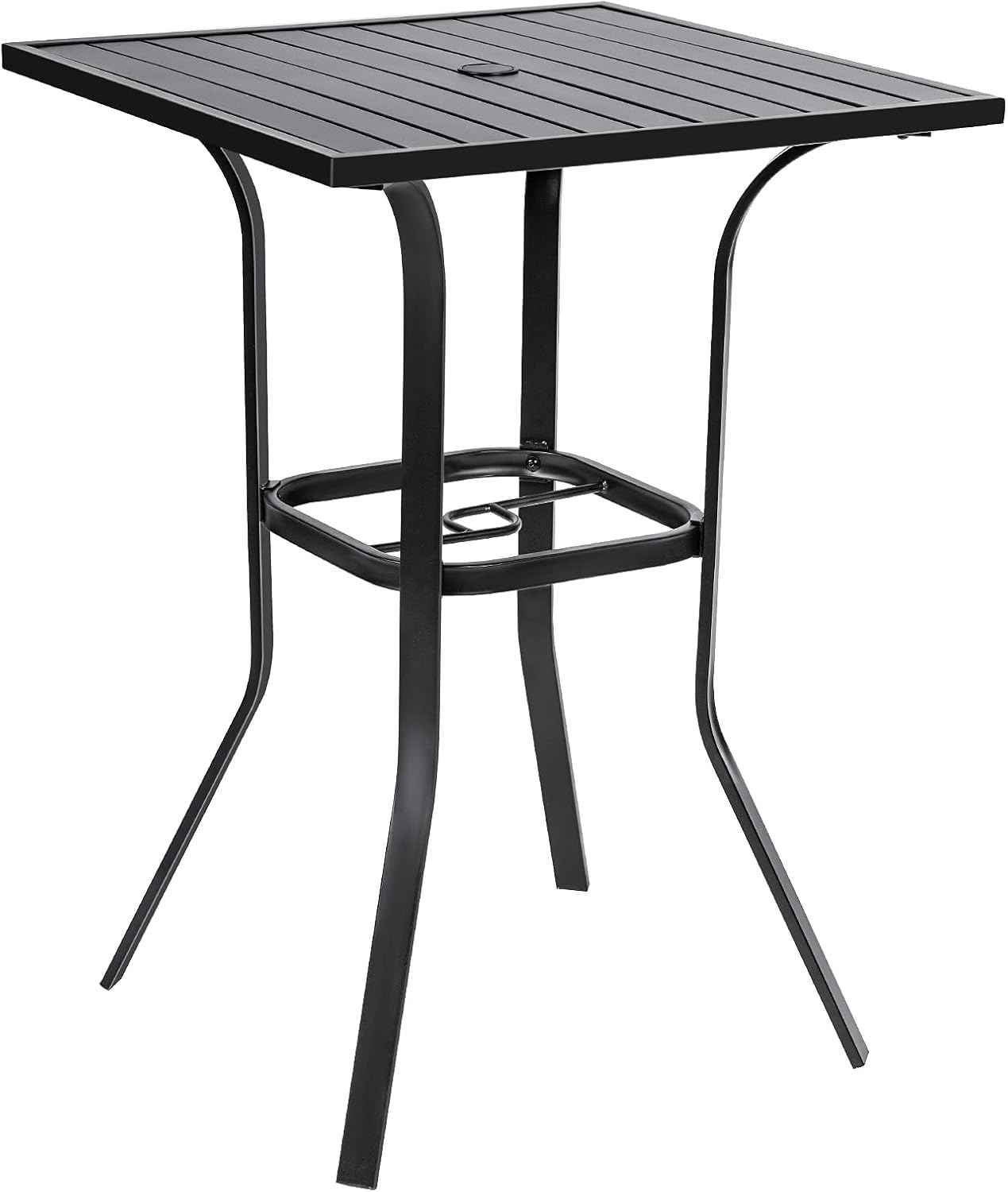Incbruce Patio High Bar Table, 39" Height Bistro Table with 1.57'' Umbrella Hole, Square Outdoor High Top Table Metal Steel Frame and Slat Design (Slatted Tables Top), Black