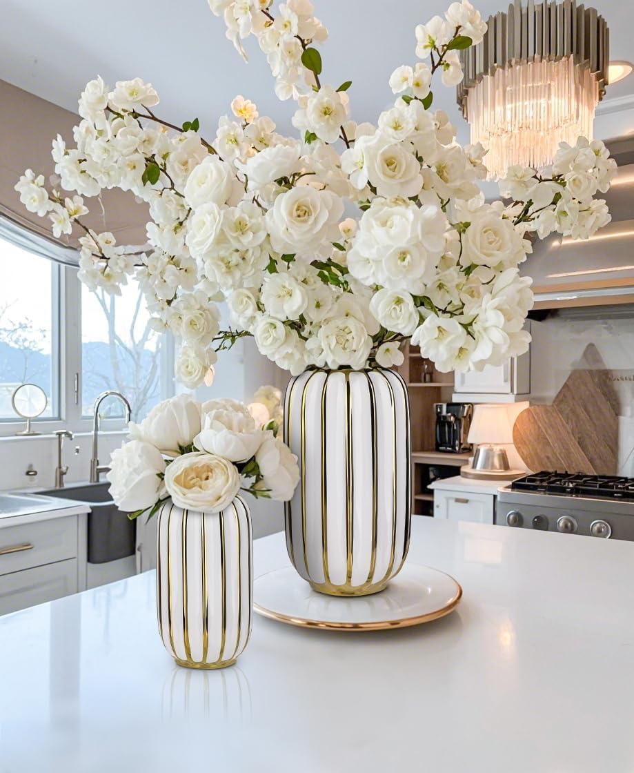 Briful Gold Plated Lantern Ceramic Vase Home Decor Creative Design Porcelain Decorative Flower Vase 8.66'' White Ceramic Vases for Wedding Anniversary Decoration