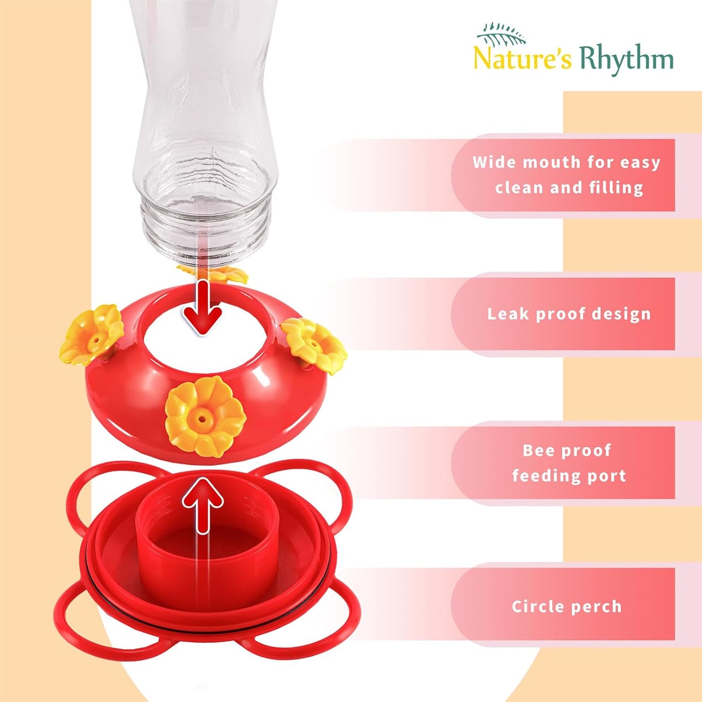 Nature's Rhythm Bird Feeder 4 bee Guard Plastic Yellow Flowers Feeding Port 8oz Glass Pinch Waist Hummingbird Feeder (2Pcs)