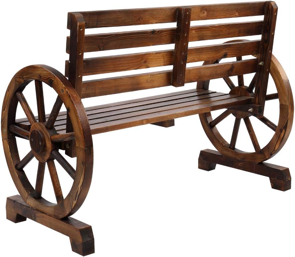 Outdoor Bench, 41 Inch Patio Bench, Rustic Wooden Wheel Bench, Wagon Slatted Seat, Porch Furniture, for Backyard, Patio, Garden, Outdoor Lounge, Brown