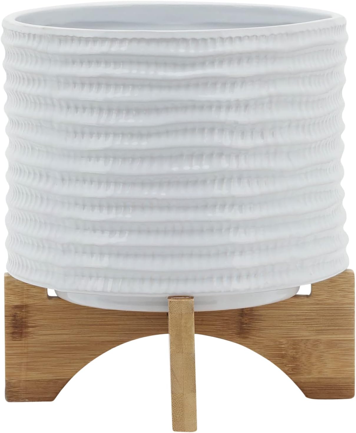 Ceramic Planter with Bamboo Stand – Modern Home Decor Indoor Plant Pot with Textured Stoneware Design – Decorative Planter with Legs for Living Room, Bedroom, Office, Patio, or Garden - 8", White