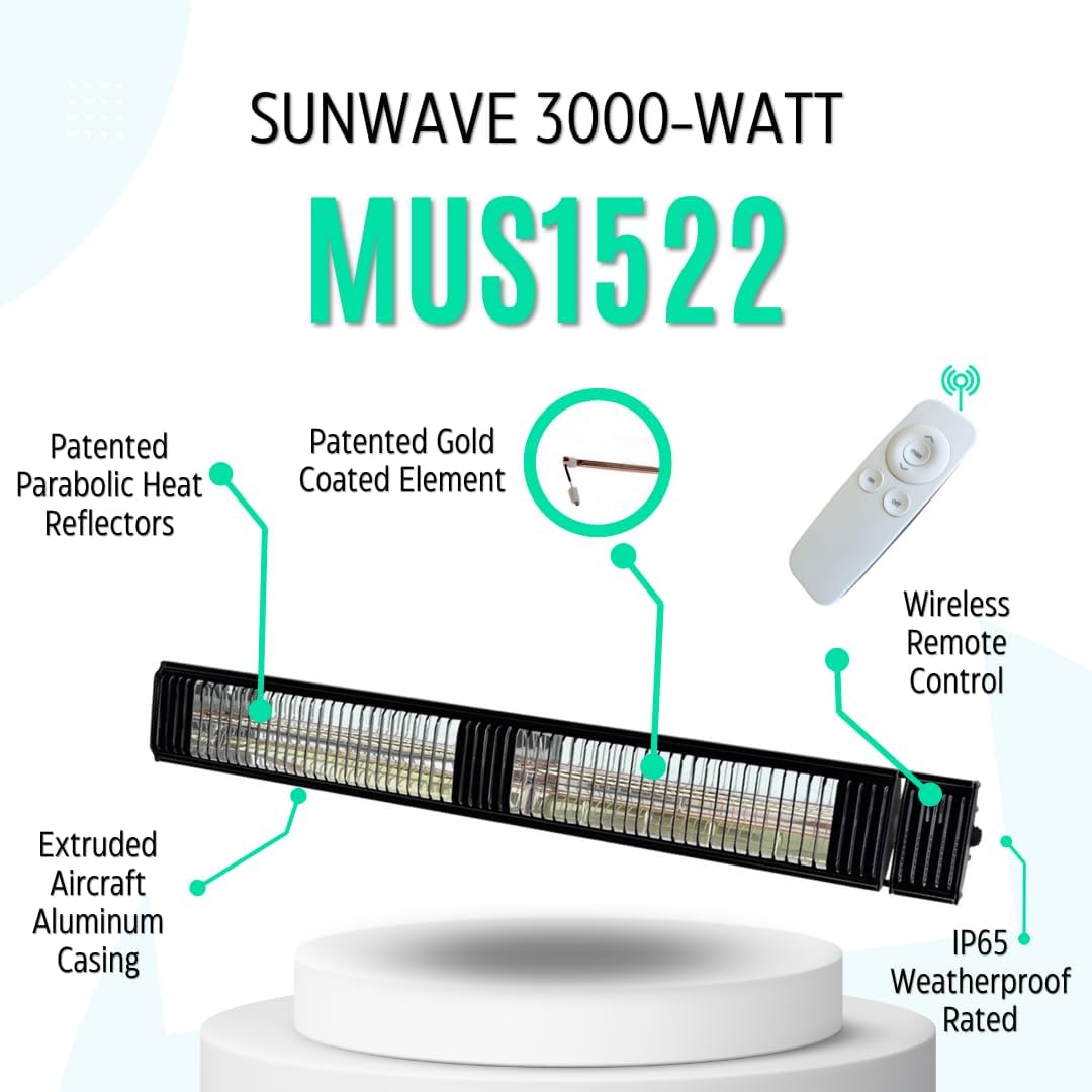 Commercial SunWave 3000 Watt Infrared Patio Heater Tungsten Ultra Quartz Low Glare with Remote control and 3 power levels, 11,028 BTU Max output By Muskoka Lifestyle Products USA (Silver)