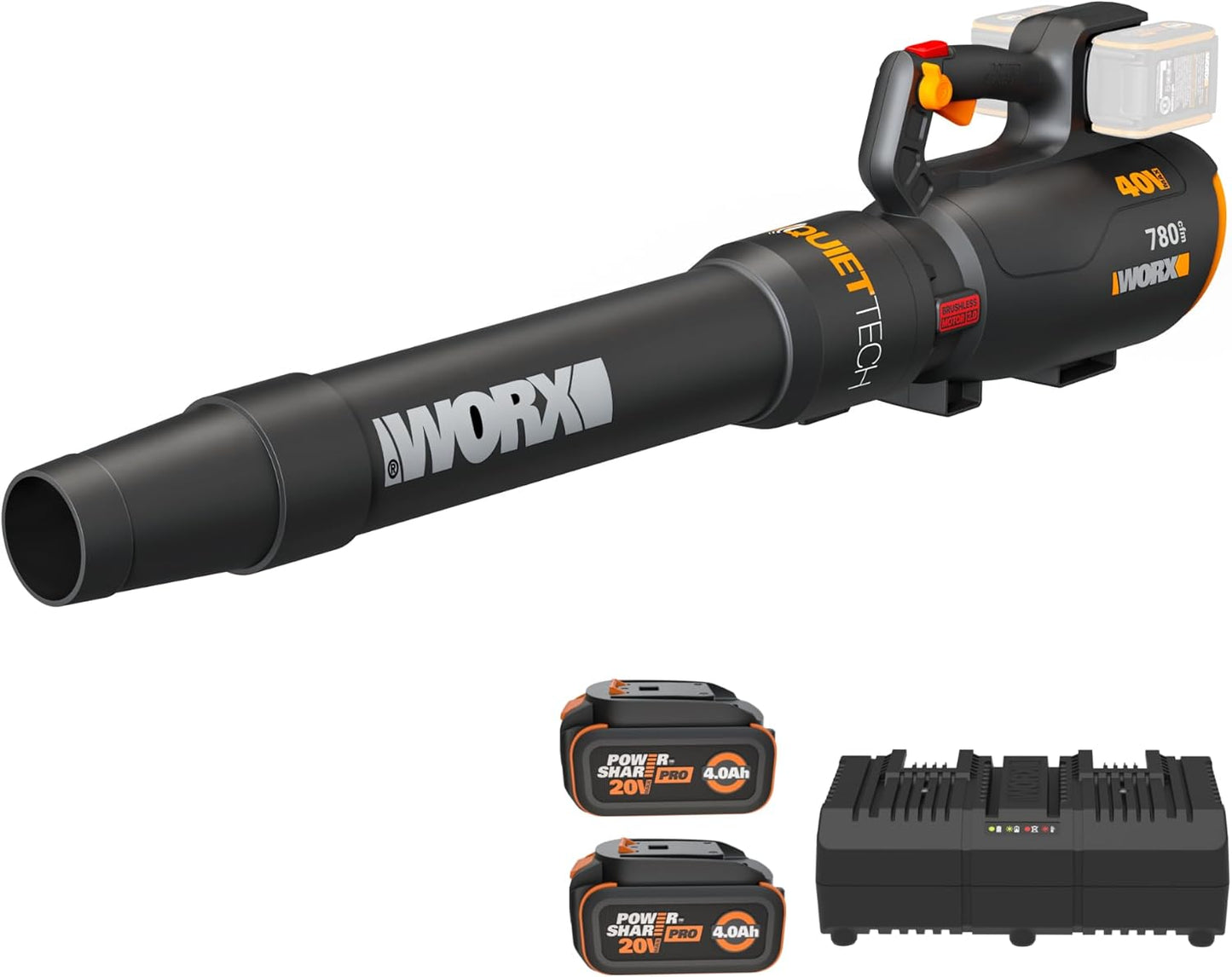 WORX Cordless Leaf Blower, 40V Electric Blower with 780CFM & 190MPH, Brushless Lawn Blower with Gas-Like Power & 57dB, 2 Batteries & Charger Included, WG582