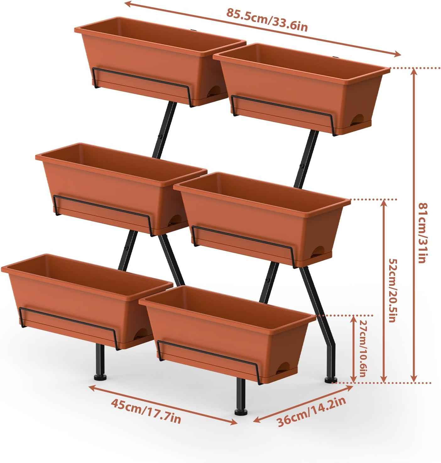 Vertical Garden Planter 3 Tier Vertical Raised Garden Bed Standing Garden Planters with 6 Container Boxes Elevated Garden Planters Indoor Outdoor Herb Planter for Flowers Vegetables Plants, Brick Red