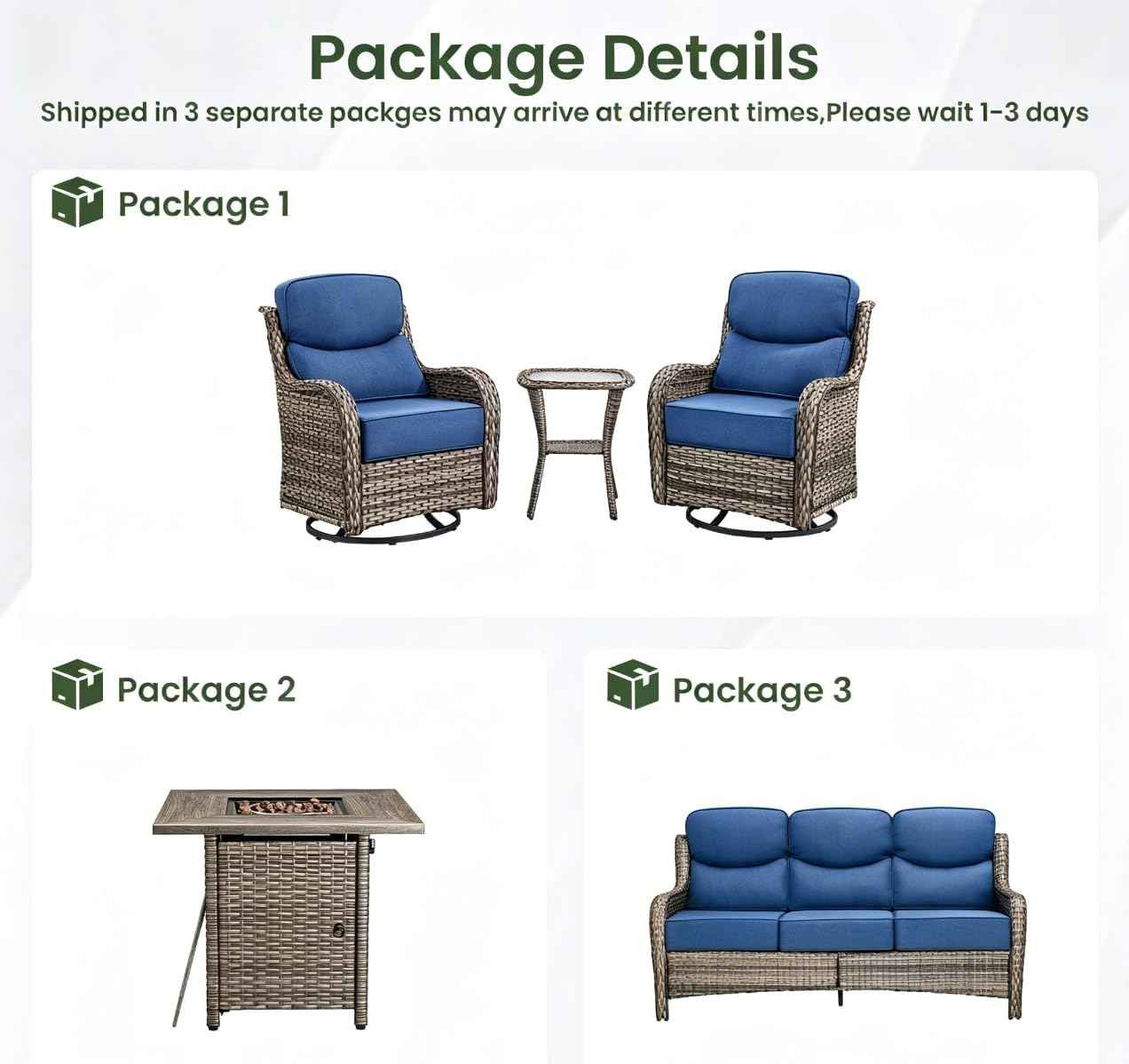Luxury Patio Furniture Set with 6-inch Thick Cushion, Outdoor Furniture with Fire Pit Table, Swivel Chairs, Side Table, Sofa, 5pcs Wicker Conversation Set for Deck Yard Grey Wicker | Blue Cushion