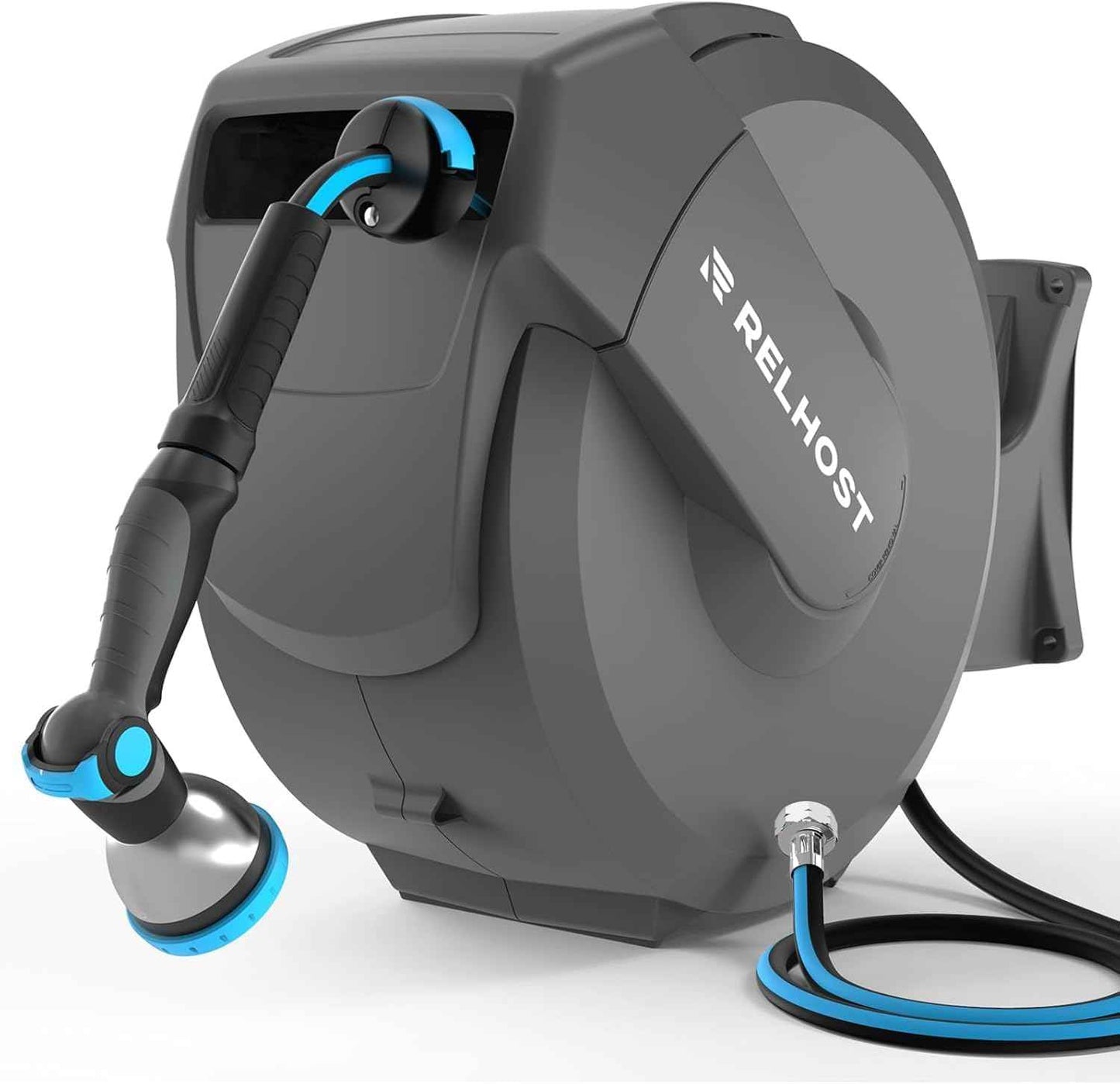 Relhost Retractable Garden Hose Reel, 1/2 in x 100 ft Wall Mount Heavy Duty Hose Reel with Any-Length Lock, Auto Rewind System, 180° Swivel Bracket, and 10-Pattern Nozzle for Garden, Dark Grey