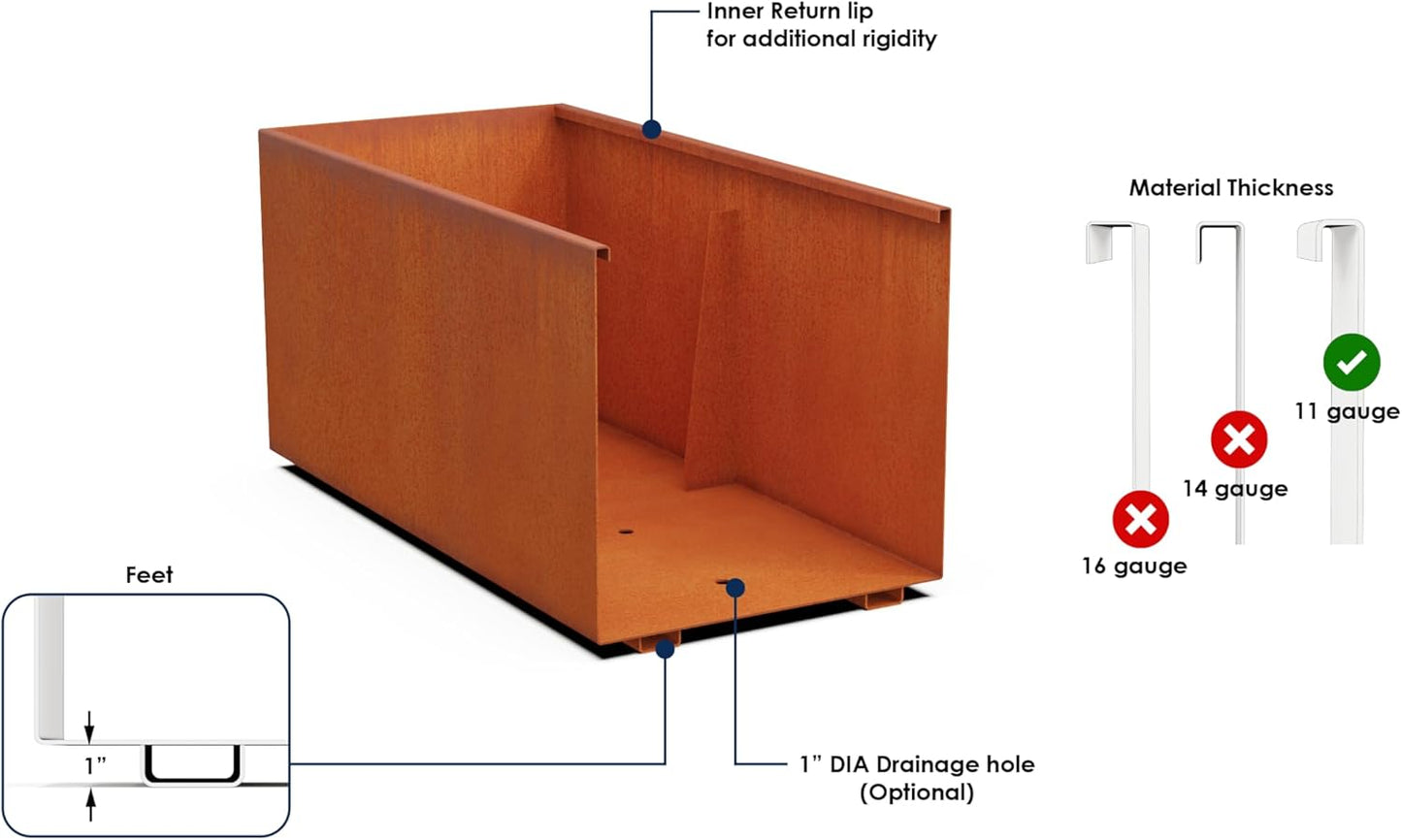 36-Inch Corten Steel Planter Box - Large Rectangular Outdoor Planter | Heavy Duty Metal, Modern Rustic Finish | Made in USA