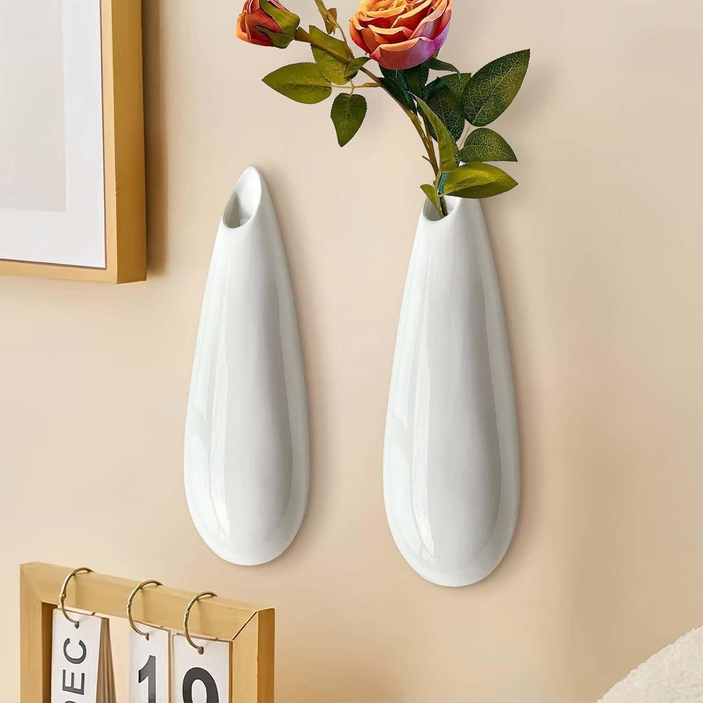 2 Pack White Ceramic Wall Vases,11.8 Inch Wall Hanging Plant Holder,Cubicle Modern Decor Plant Holder Vase for Indoor Plants, Hanging Propagation Flower Pots for Air Vases