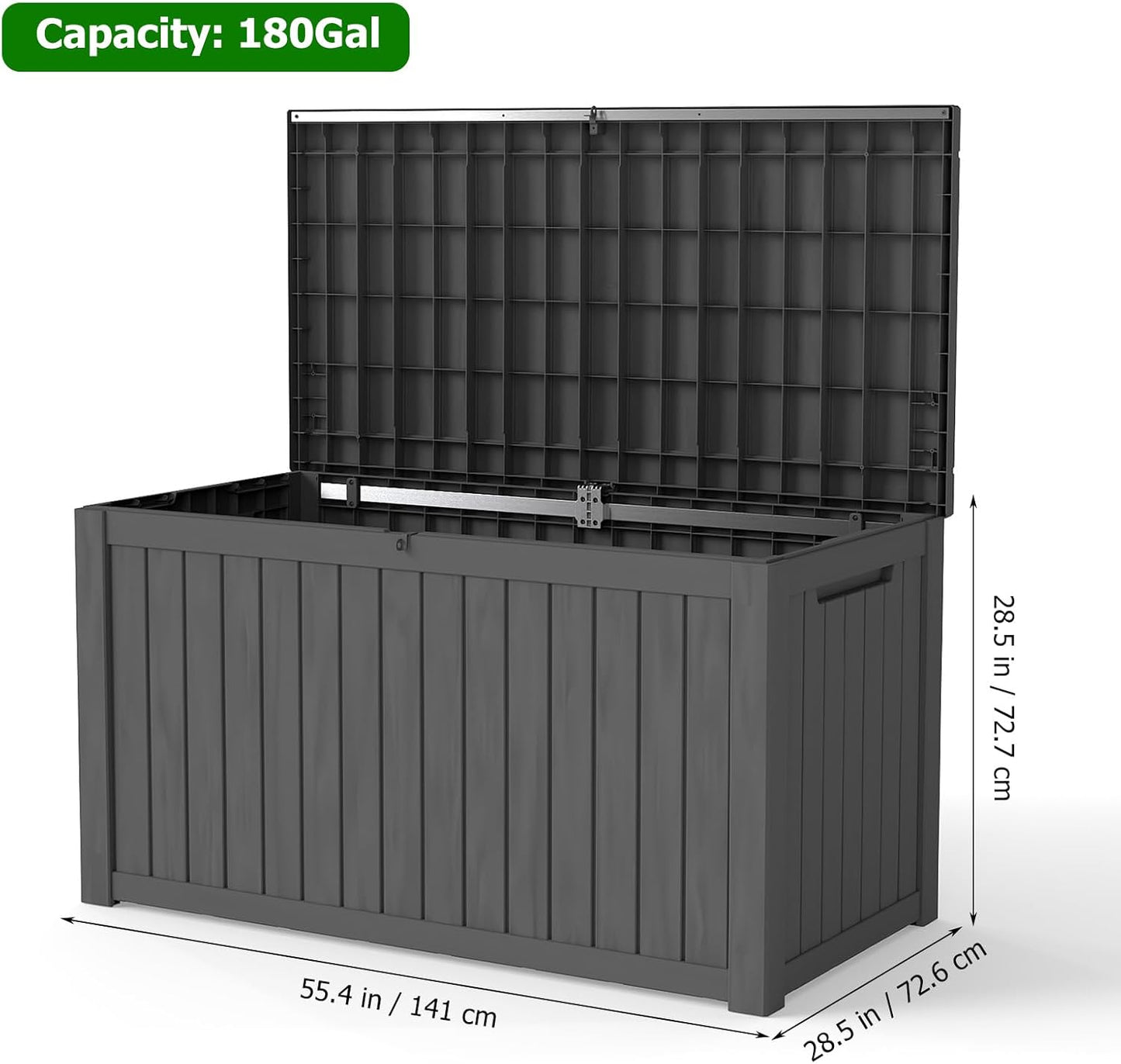 180 Gallon Large Outdoor Storage Box, Resin Deck Box Lockable Waterproof for Patio Furniture Cushions, Garden Tools, UV Resistant Outside Storage Bin, Black