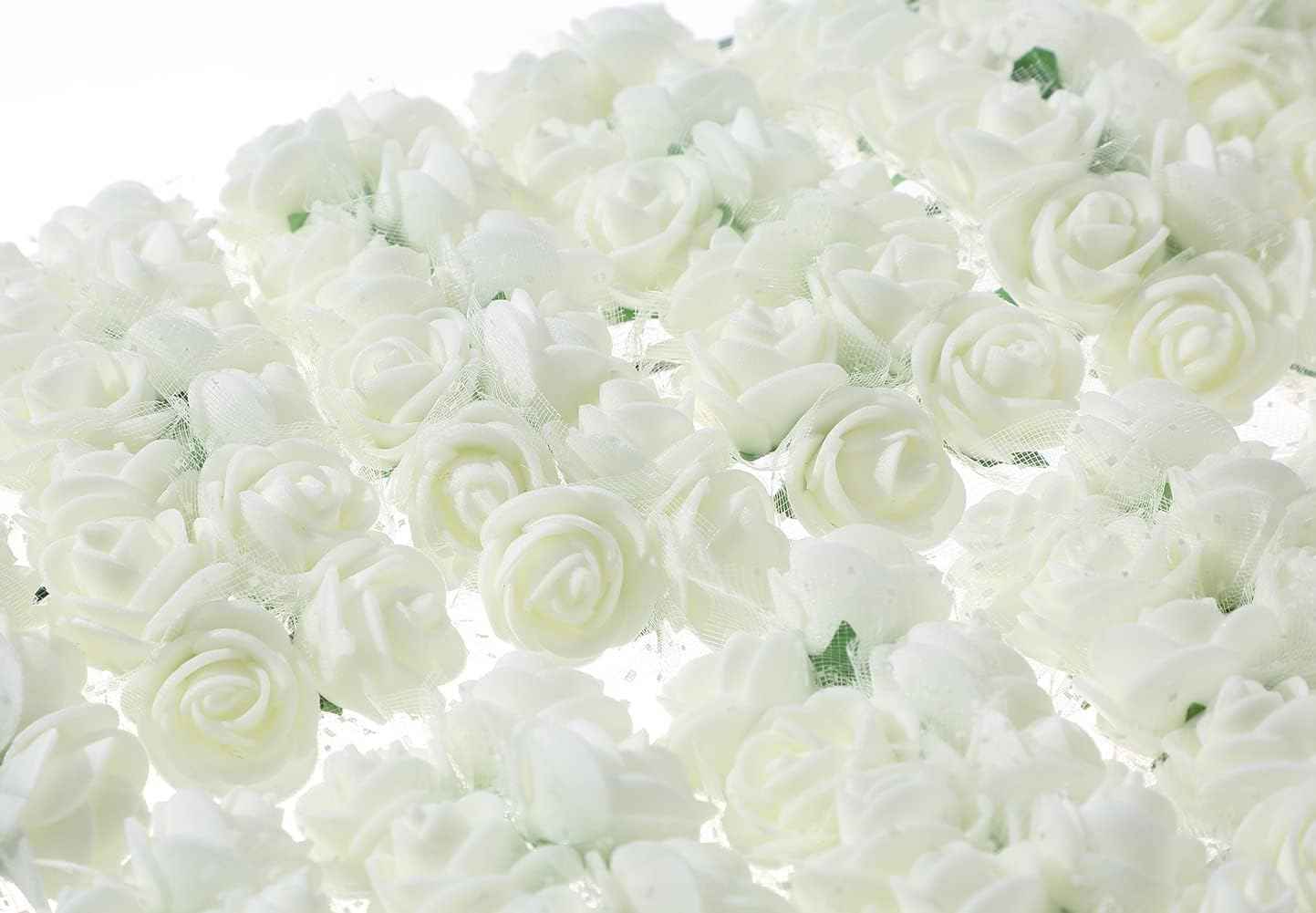 144PCS Mini Fake Roses Artificial Foam Rose Heads with Wire Rods DIY Wedding Flowers Accessories Make Bridal Hair Clips Headbands Dress,Milk White