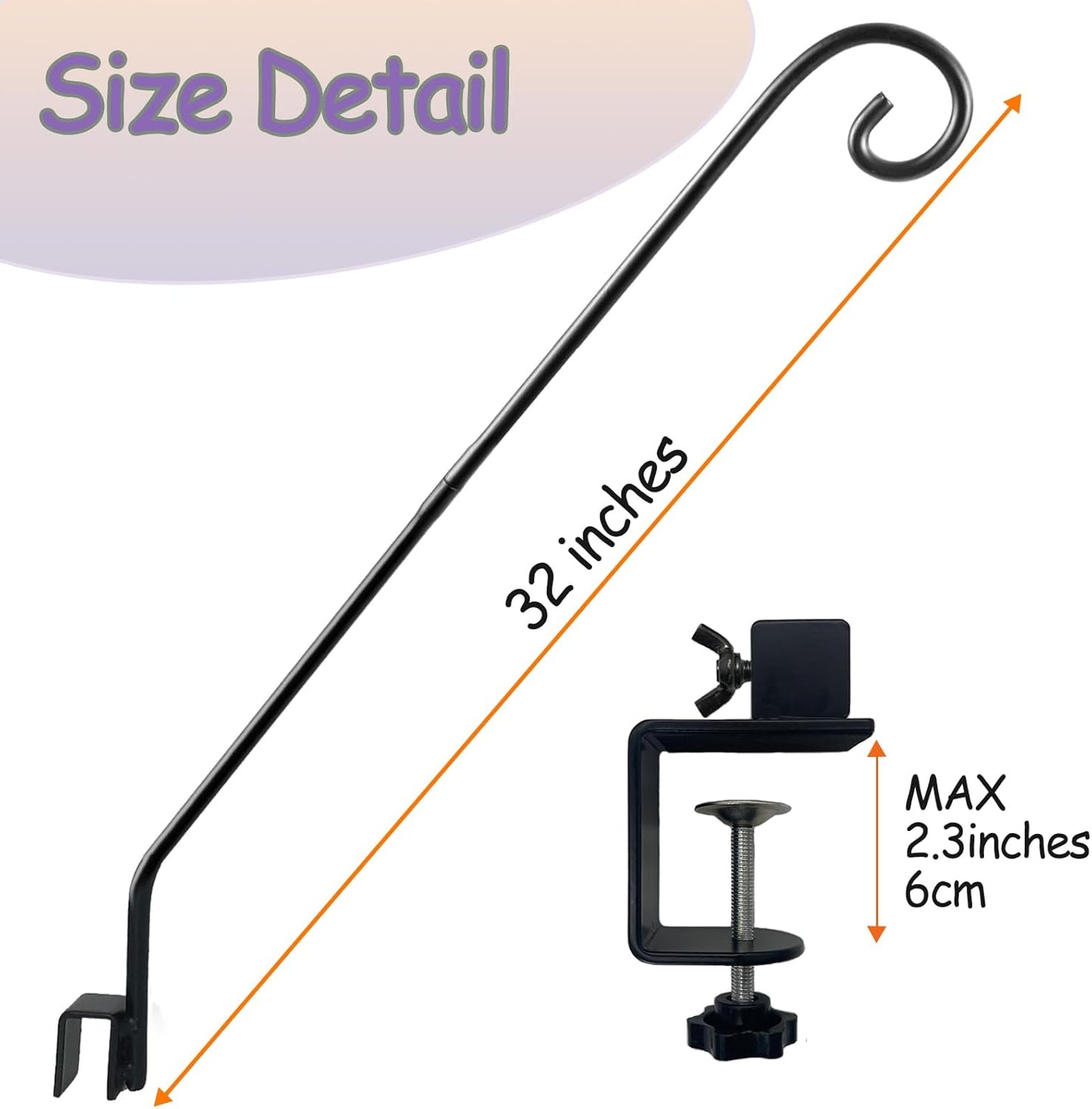 Heavy Duty Deck Hook,Courtyard Decoration,Pole 32”Long Metal Deck Railing Hooks for Hanging Bird Feeders,Planters,Suet Baskets,Lanterns,Wind Chimes,Clamp Mounted,Under 15 LBS