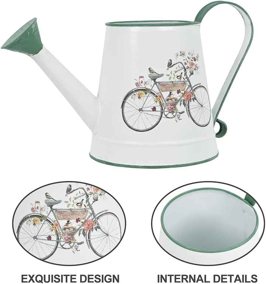 Small Watering Can for Indoor Plants Garden Metal Decorative Watering Can Outdoor Bonsai Balcony Courtyard Garden Flower Decorative, 1.5L, 50.7 Oz (White Green)