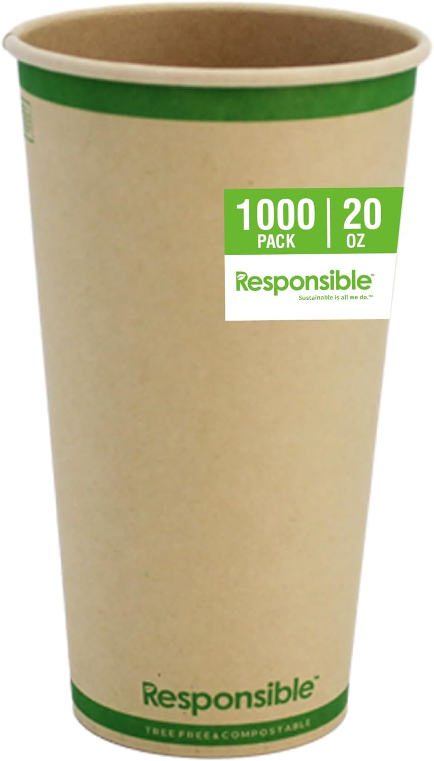 20 oz Paper Hot Cups, Tree-Less™ Compostable Paper Coffee Cups, Extra Strength, Tree-Free and Made Without PFAS, Natural Brown (1000 Count)