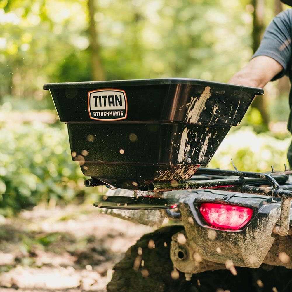 Titan Attachments 12 Volt ATV/UTV Broadcast Spreader, 80 LB Capacity, Back or Front Mounting for ATV, UTV, Or Utility Tractor, Lawn and Garden Seed Spreader with Rain Cover