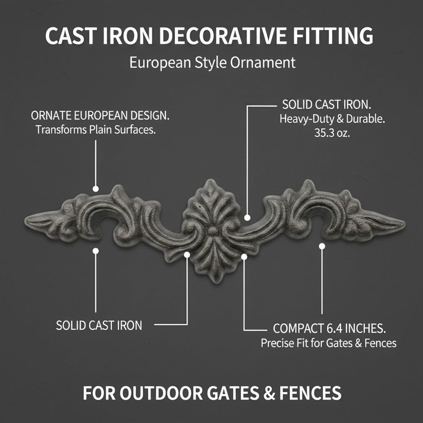 Cast Iron Gate Ornament, European Style Decorative Fitting for Outdoor Fences & Railings, 6.4 x 2.5 Inch (1 Piece)