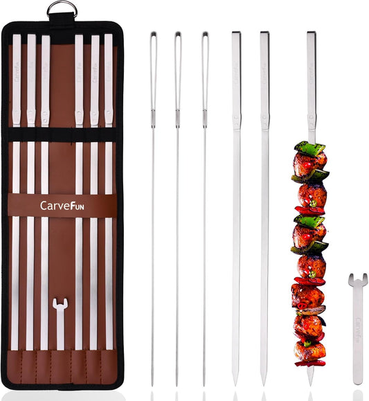 Innovative Thermal Insulation Handle BBQ Skewers Set - 6 Stainless Steel Wide BBQ Kebob Sticks For Grill - Flat Metal With 1 Food Remover Bar - 16.7' Inch Metal Kabob Skewers