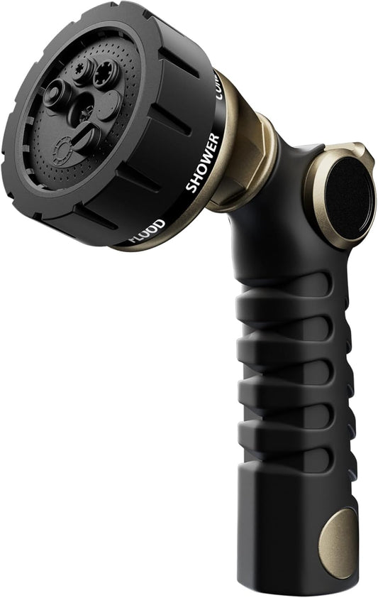 RESTMO Heavy Duty Hose Nozzle, Metal Garden Water Hose Sprayer with 7 Watering Patterns, Thumb Control, On Off Valve, High Pressure Nozzle Sprayer for Watering Plants, Car and Pet Washing, Bronze