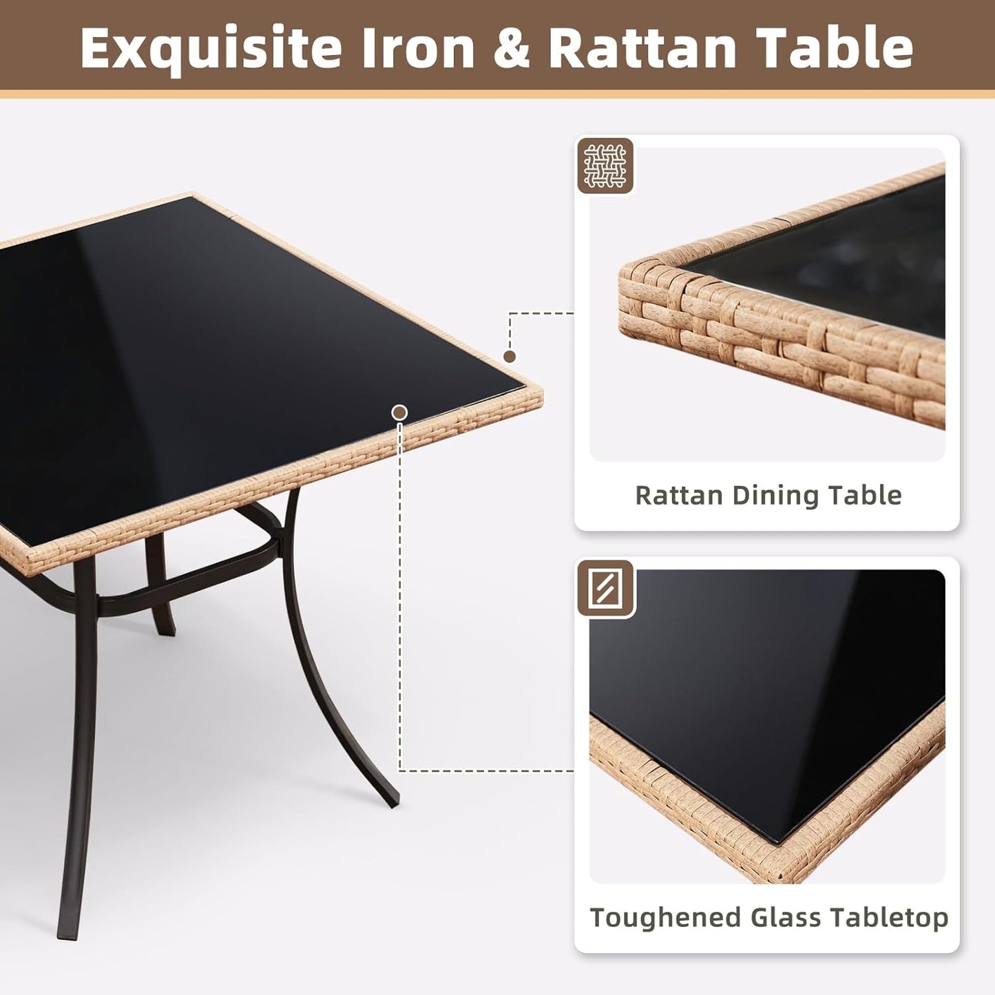 ECOTOUGE 35.2" Square Patio Table, Outdoor Wicker Dining Desk with Tempered Glass Top for 4-5 Persons, Bistro Rattan Furniture Garden Table for Balcony, Backyard, and Sunroom - Black Metal Steel Slat