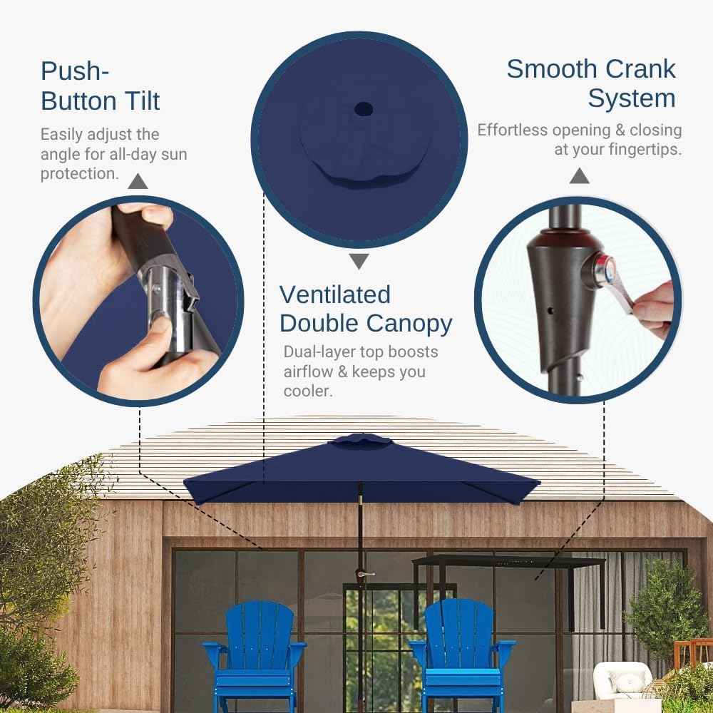 6.5' x 10' Rectangular Patio Umbrella Large Outdoor Market Umbrella w/UV Protection, Push Button Tilt and Crank Lift, Rectangle Table Umbrella for Garden, Deck, Pool, Patio, Navy Blue