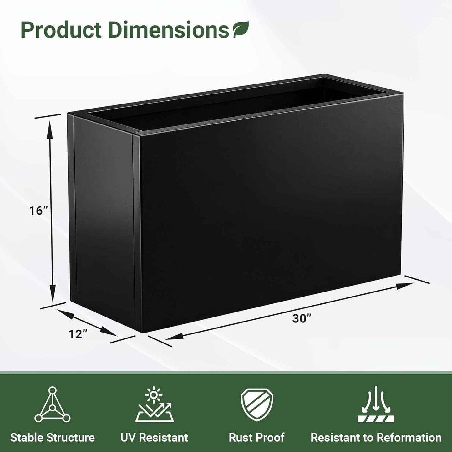 Metal Planter Box 30” x 12” x 16”, Heavy Duty Tall Rectangle Planter Box with with Drainage Holes & Rust-Proof Coating, Modern Outdoor/Indoor Black Planter Box for Porch, Garden, Patio, Yard