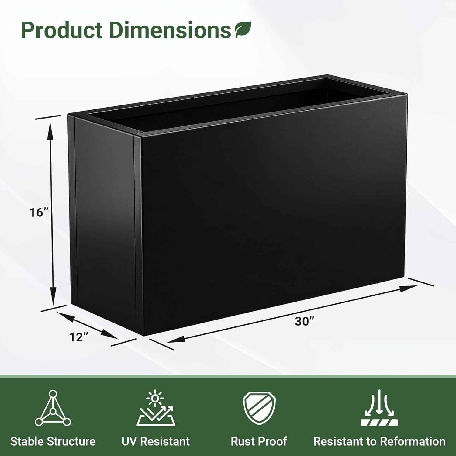 Metal Planter Box 30” x 12” x 16”, Heavy Duty Tall Rectangle Planter Box with with Drainage Holes & Rust-Proof Coating, Modern Outdoor/Indoor Black Planter Box for Porch, Garden, Patio, Yard