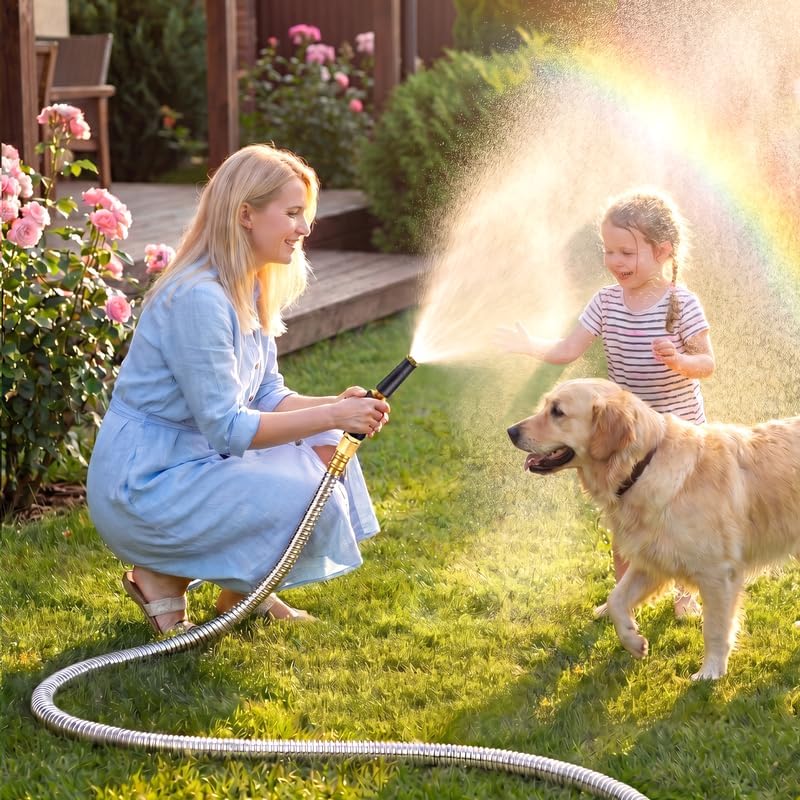Rosy Earth Stainless Steel Garden Hose 100 FT, Heavy Duty Expandable Water Hose, No-Kink, No Bite, Flexible Garden Hoses for Yard, RV, Car