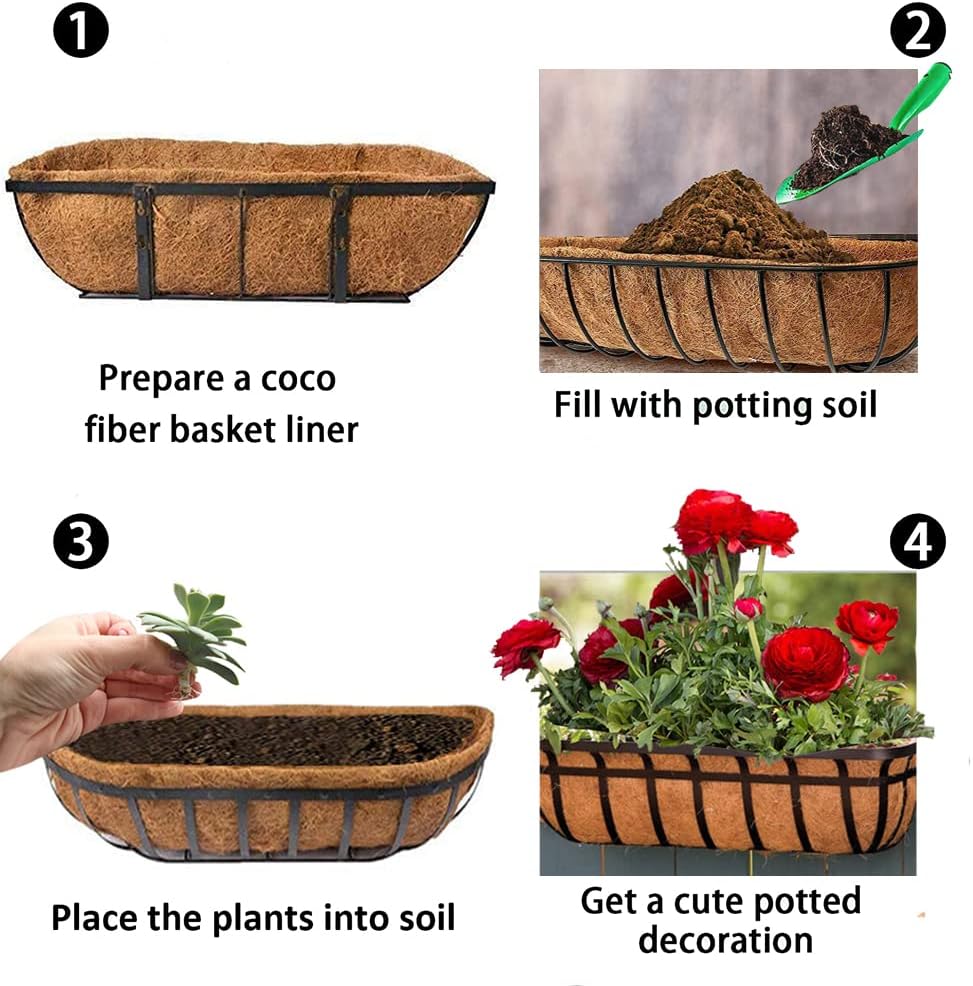 EROCK 2PCS Trough Coco Liners for Planters Wall Basket 24/30/36/48 inch, Replaceable Coconut Fiber Plant Basket Liner for Plant Hanging Basket, Garden Flower Vegetables Pot (24inch)