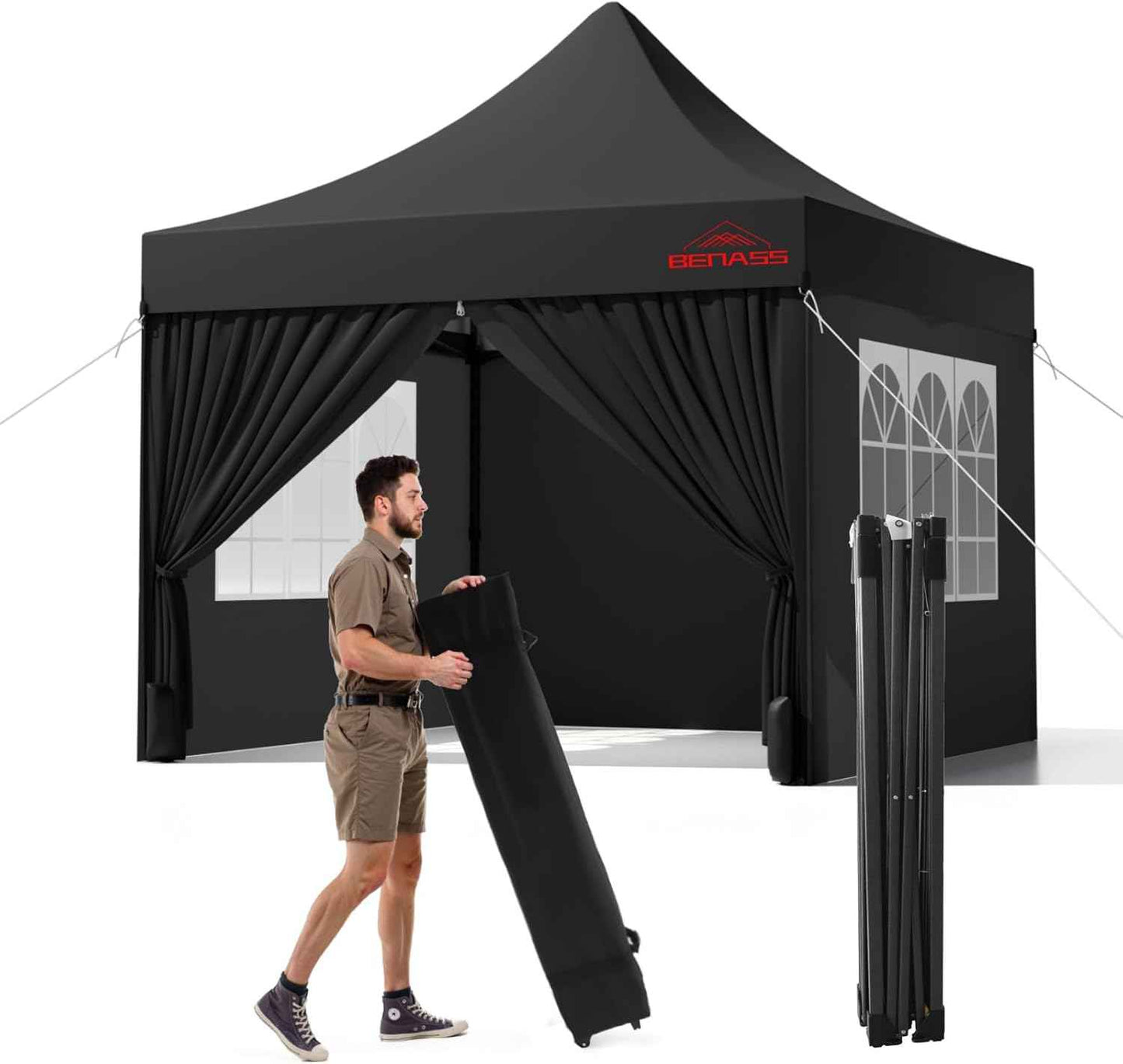 10x10 Heavy Duty Pop Up Canopy with 4 Sidewalls, 550D Commercial Easy Up Canopy Tent, Waterproof Outdoor Party Event Tent with Roller Bag, Black