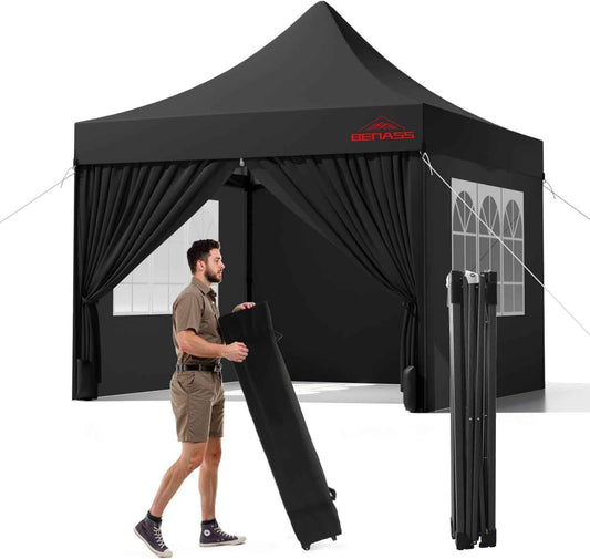 10x10 Heavy Duty Pop Up Canopy with 4 Sidewalls, 550D Commercial Easy Up Canopy Tent, Waterproof Outdoor Party Event Tent with Roller Bag, Black
