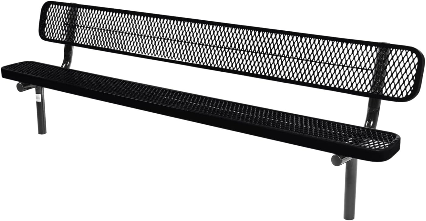 Coated Outdoor Furniture Heavy-Duty Outdoor Bench Thermoplastic Coated, Expanded Metal, Commercial-Grade Seating, Made in America (Inground with Back, 8 Ft, Black)