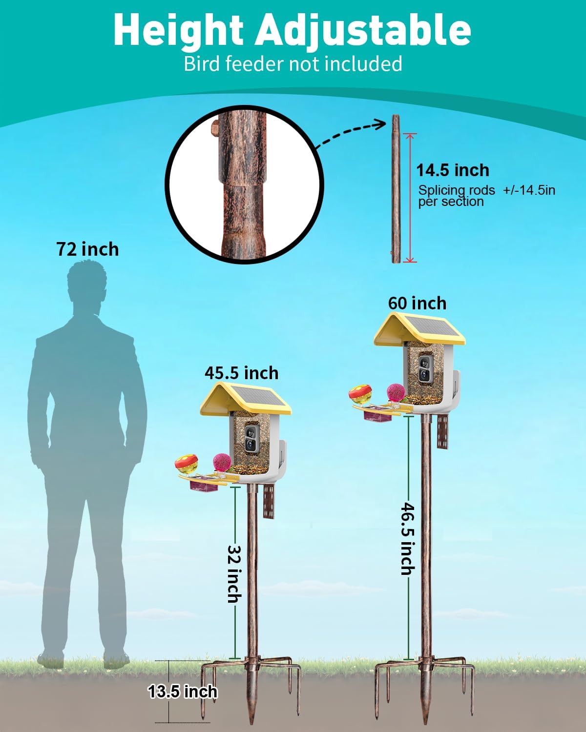 Bird Feeder Pole – 60 Inch Height Bird House Pole with 1-Inch Dia Heavy Duty for Birdfeeders, Feeding Stand with Mount Kit for Outdoor, Slip-Fit Connection, Copper Brushed
