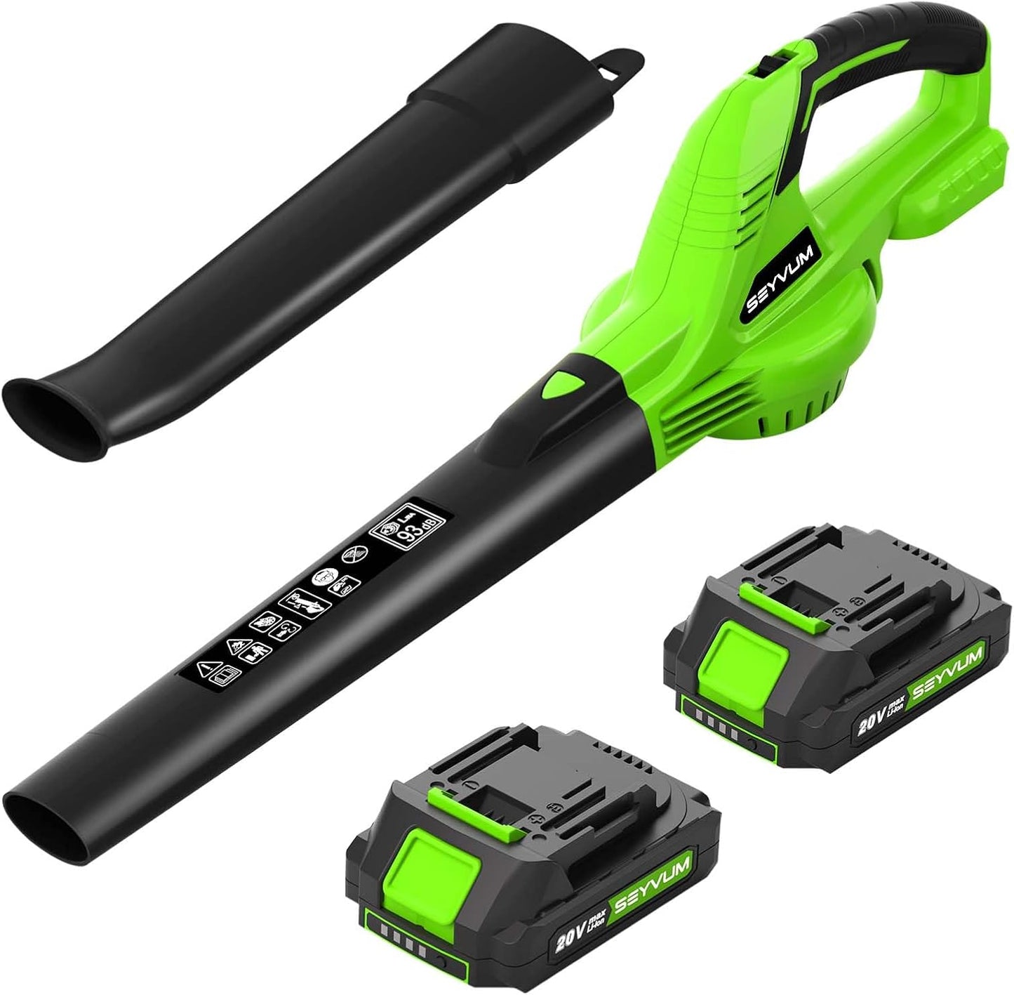 SEYVUM Leaf Blower, 20V Cordless Blower with 2 x 2.0Ah Battery, Electric Leaf Blowers for Lawn Care, 320 CFM 150 MPH Battery Powered Leaf Blower, for Patio, Garden Cleaning, Fast Charger, Grass Green