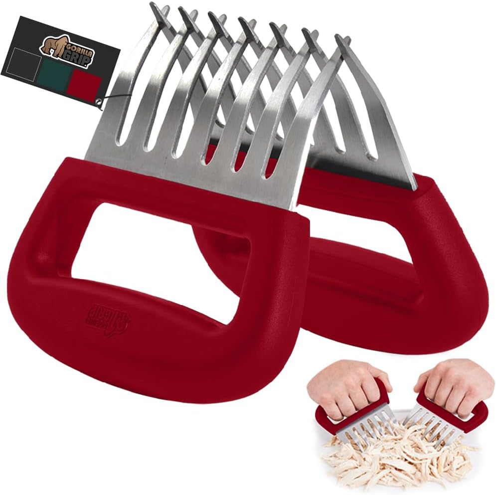 GORILLA GRIP BPA-Free Chicken Shredder Meat Claws, Sharp Stainless Steel Food Shredding Fork, Comfortable Handle, Easily Shred Pulled Pork, Taco Meats, Kitchen Smoker BBQ Tool, Dishwasher Safe, Red - Lumora Garden