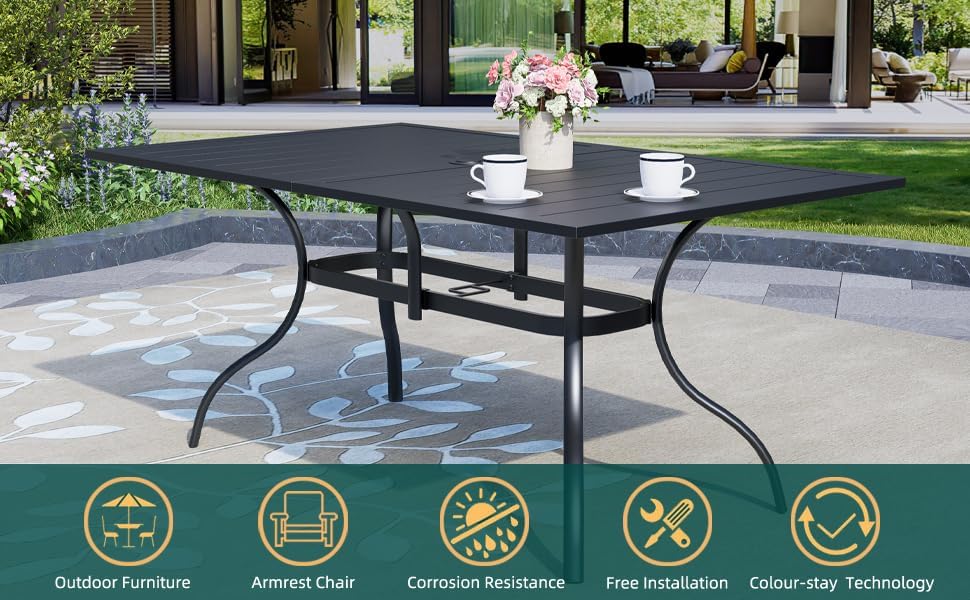 7-Piece Outdoor Patio Dining Set, 6 Stackable Patio Chairs & Rectangular Dining Table with All Weather Frame Furniture Set - Black