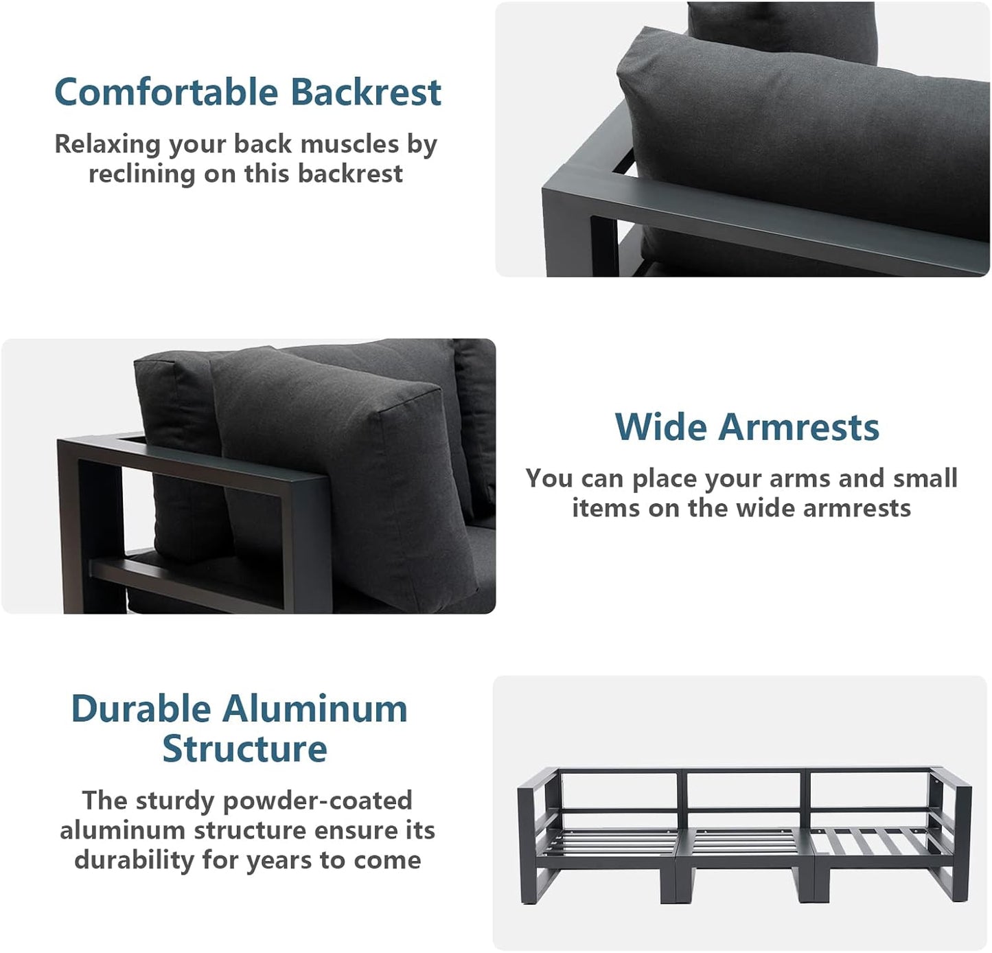 5 Pieces Outdoor Modular Sectional Set Aluminum Patio Conversation Sofa Sets, Armless Sofas with Dark Grey Cushions