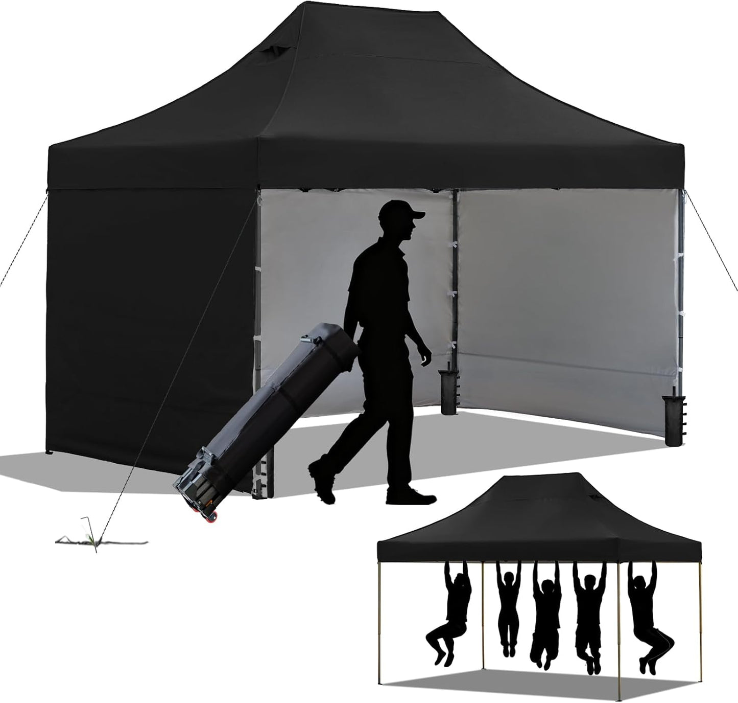 10x15 Heavy Duty Pop Up Canopy Tent, Outdoor Commercial Easy Up Canopy Outdoor Party Tents with 3 Removable sidewalls and Wheeled Bag for Events, Parties, Weddings(Black)