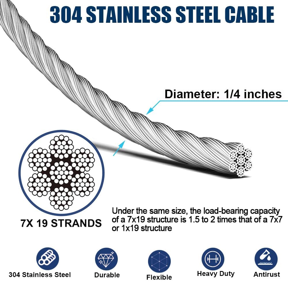 1/4" Wire Rope Kit, 100ft Stainless Steel Cable with 4Pcs 1/4 Turnbuckle, Clamp & Thimble, 7x19 Strands Heavy Duty Metal Cable,1400 lbs Load Limit, Turnbuckles for Cables Wire, Zipline
