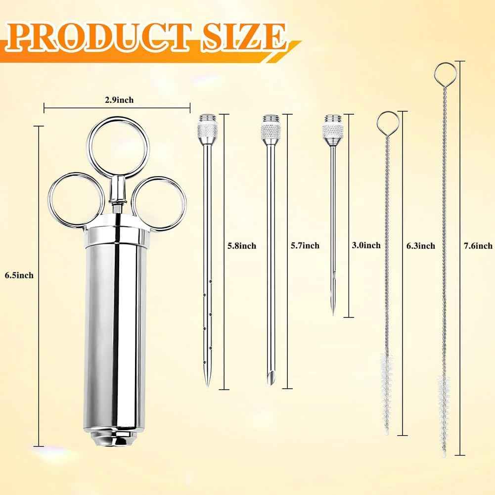 304-Stainless Steel Meat Injector Syringe Kit with 3 Marinade Needles for BBQ Grill Smoker, Turkey, Beef, Brisket, Fish, 2-oz Large Capacity, Silicone Brush and Cleaning Brush