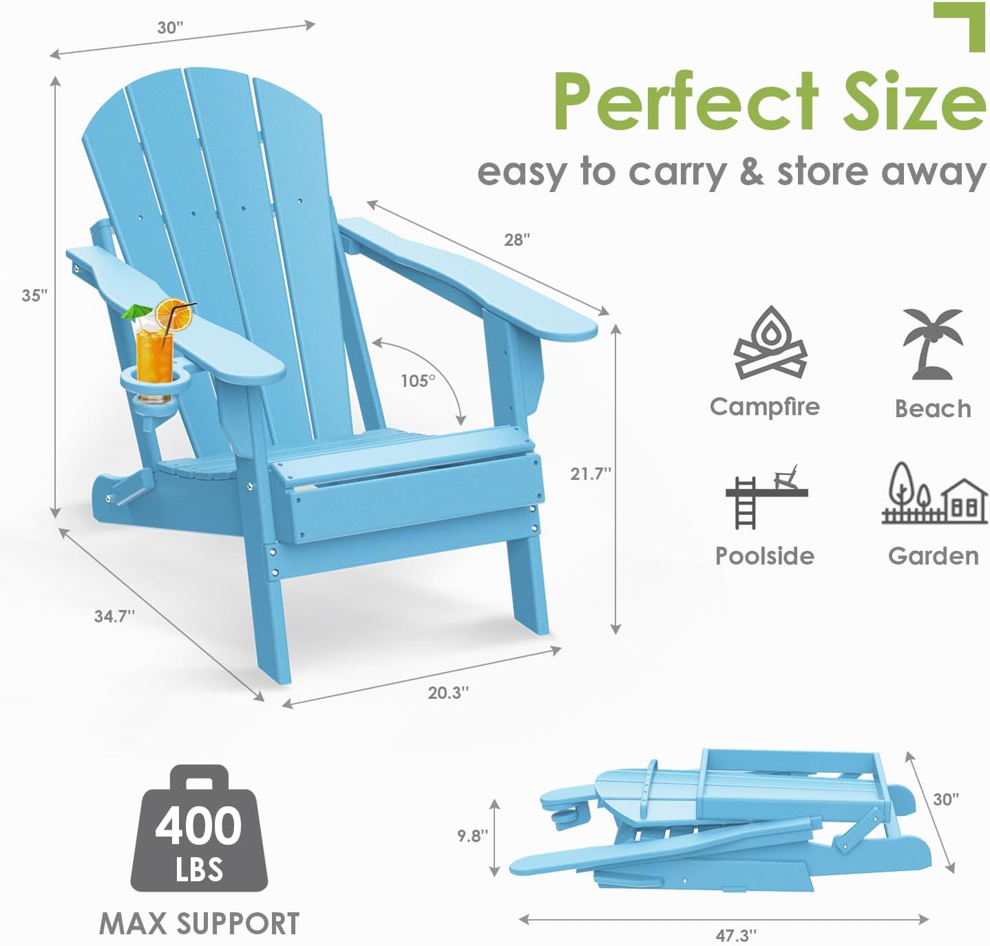 GREENVINES Folding-Adirondack-Chairs-Set-of-2 | HDPE Plastic | Fire Pit Chair | All Weather | Cup Holder | Arctic | for Deck Backyard Patio Outdoor Garden