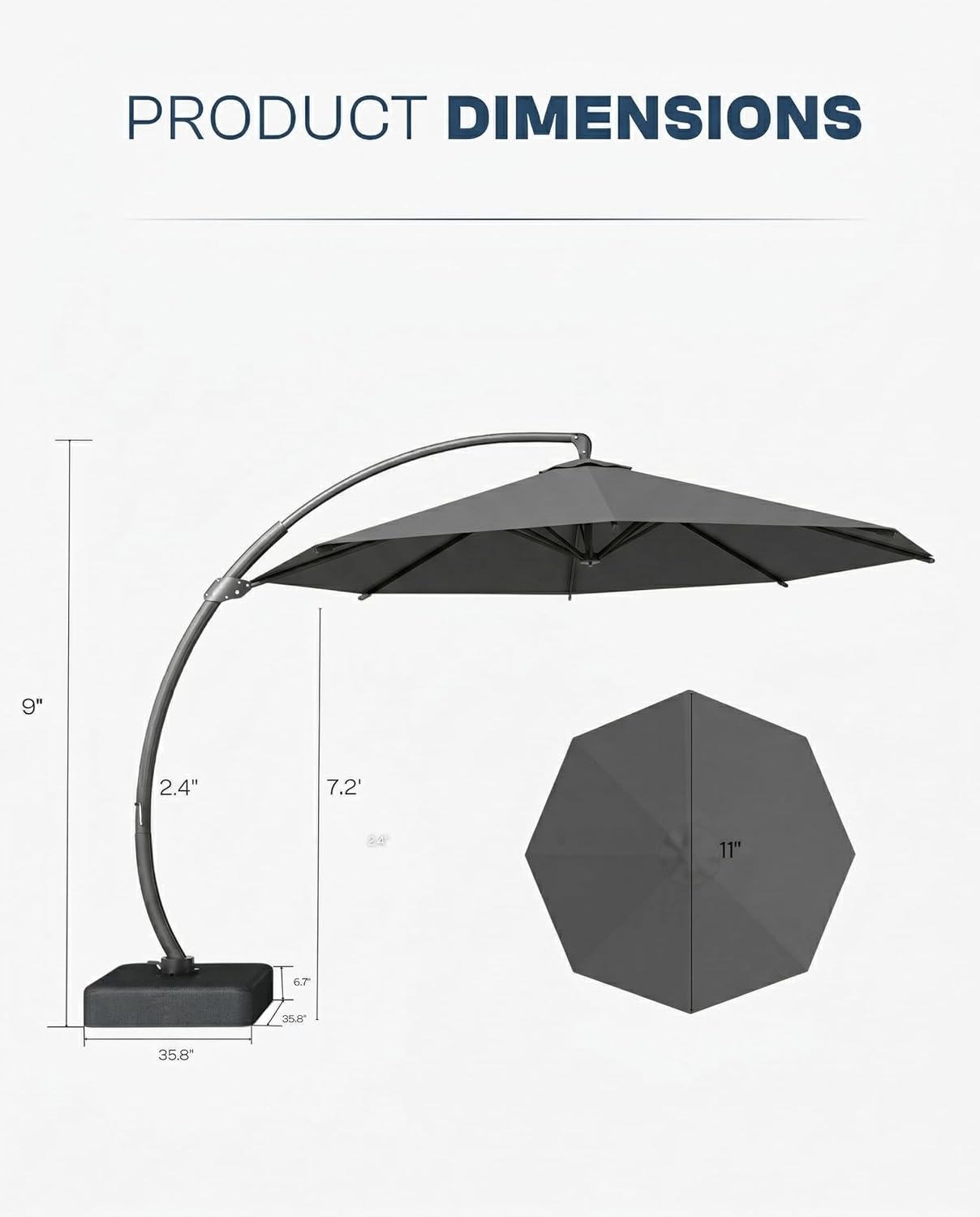 11 FT Cantilever Umbrella with Base Included, Large Round 360° Rotation Offset Umbrella Outdoor Patio, Heavy Duty Aluminum Frame, Sand-Weighted Stand, for Deck, Backyard, Pool, Garden (Grey)
