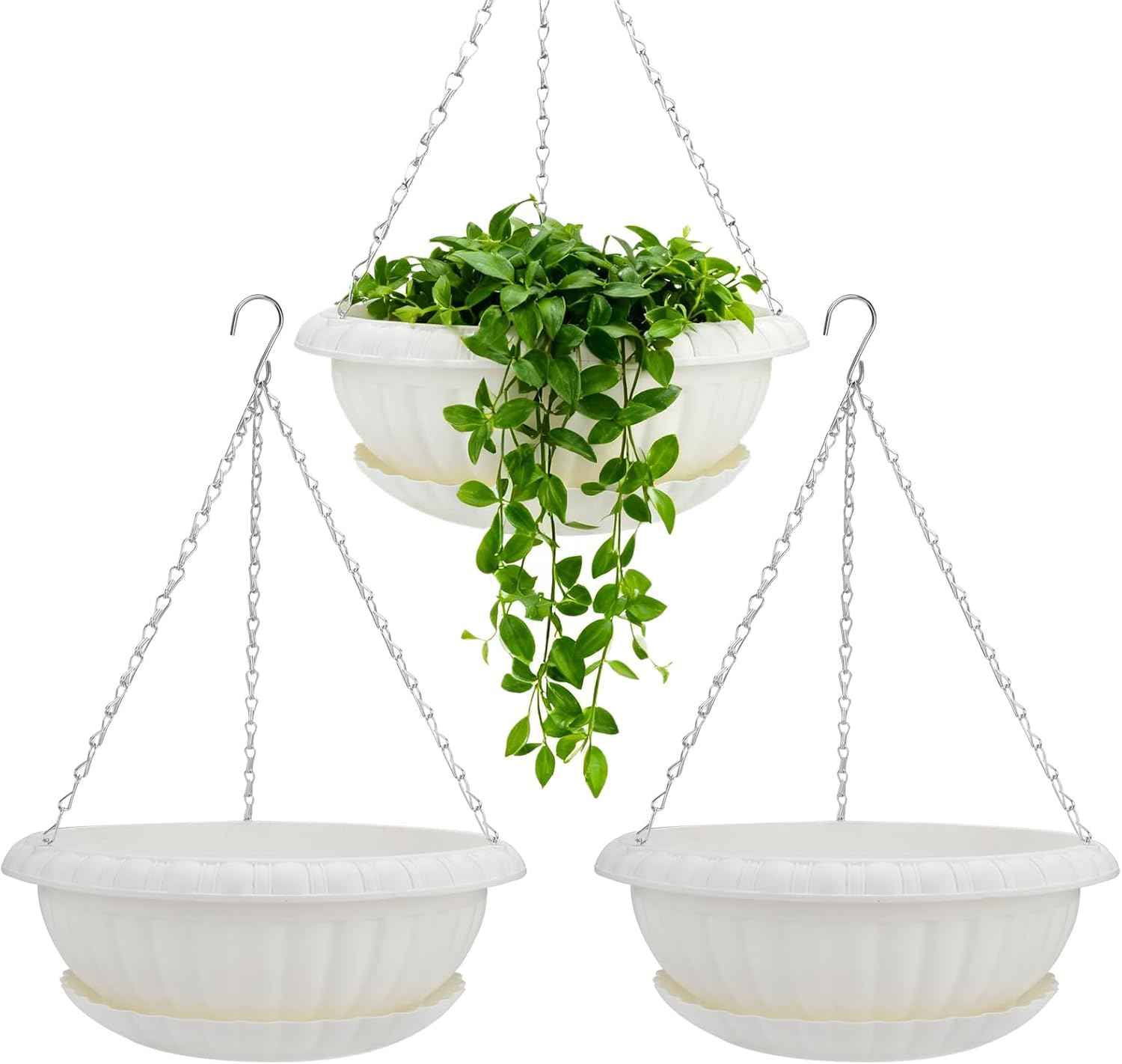 summer flower 3 Pack Large Hanging Planters 12.59in Plastic Plant Pots with Drainage Holes & Trays for Indoor Outdoor Garden Wall Window Decor (White)