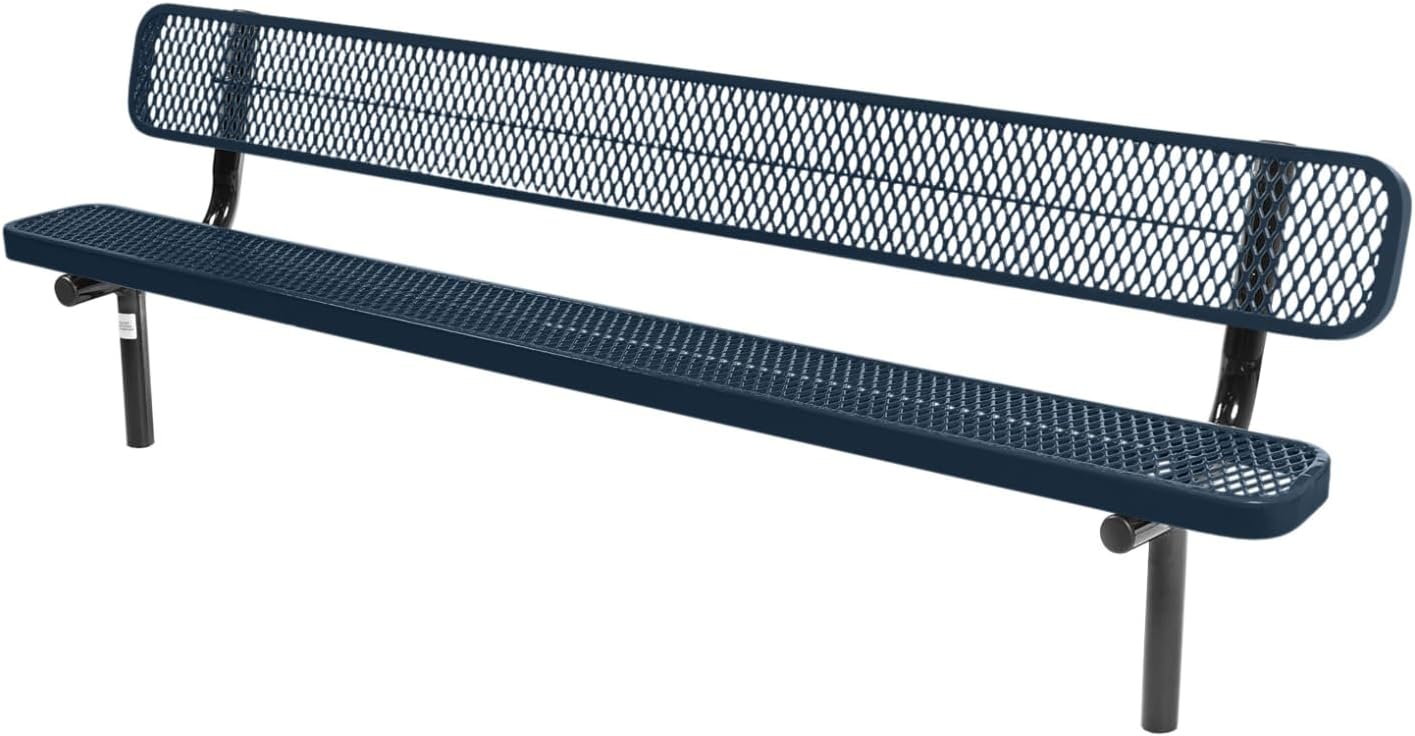 Coated Outdoor Furniture Heavy-Duty Outdoor Bench Thermoplastic Coated, Expanded Metal, Commercial-Grade Seating, Made in America (Inground with Back, 8 Ft, Dark Blue)