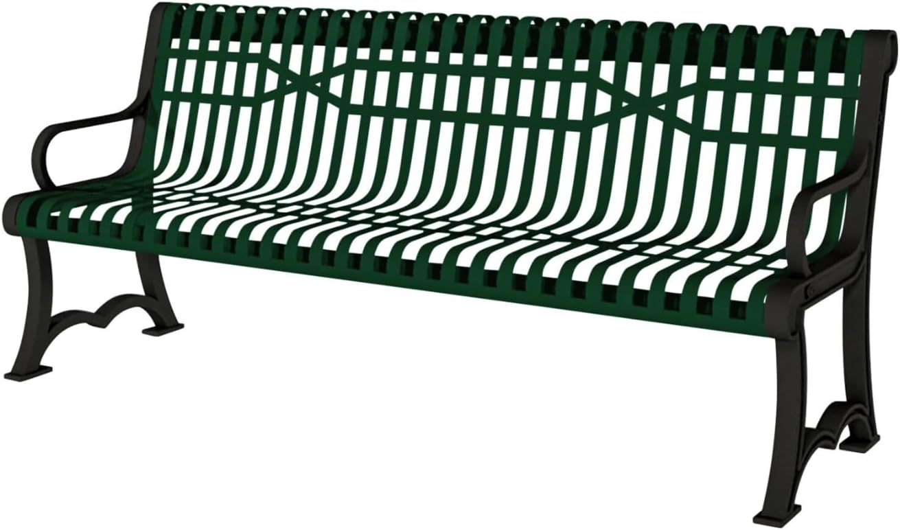 Coated Outdoor Furniture Heavy-Duty Outdoor Bench Thermoplastic Coated, Slatted Steel, Commercial-Grade Garden Bench, Made in America (Portable with Back, 4 Ft, Green)