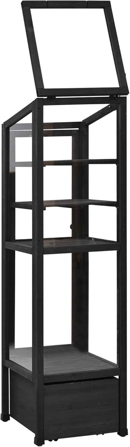 62.4inch Height Wood Garden Greenhouse Balcony Portable Mini Cold Frame with Movable Storage Box and Adjustable Shelves for Outdoor Indoor Use Black