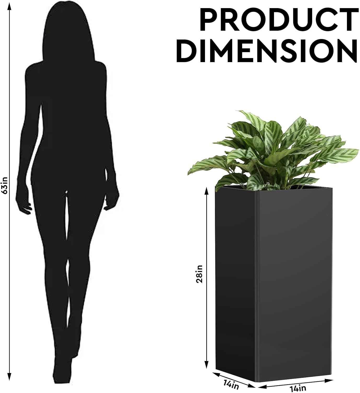 28" Extra Tall Galvanized Steel Planter, 14x14 Inch Large Metal Planter Box for Indoor & Outdoor Plants, with Drainage Holes & Internal Divider, Heavy Duty Flower Pot for Patio or Garden, DIY Assembly